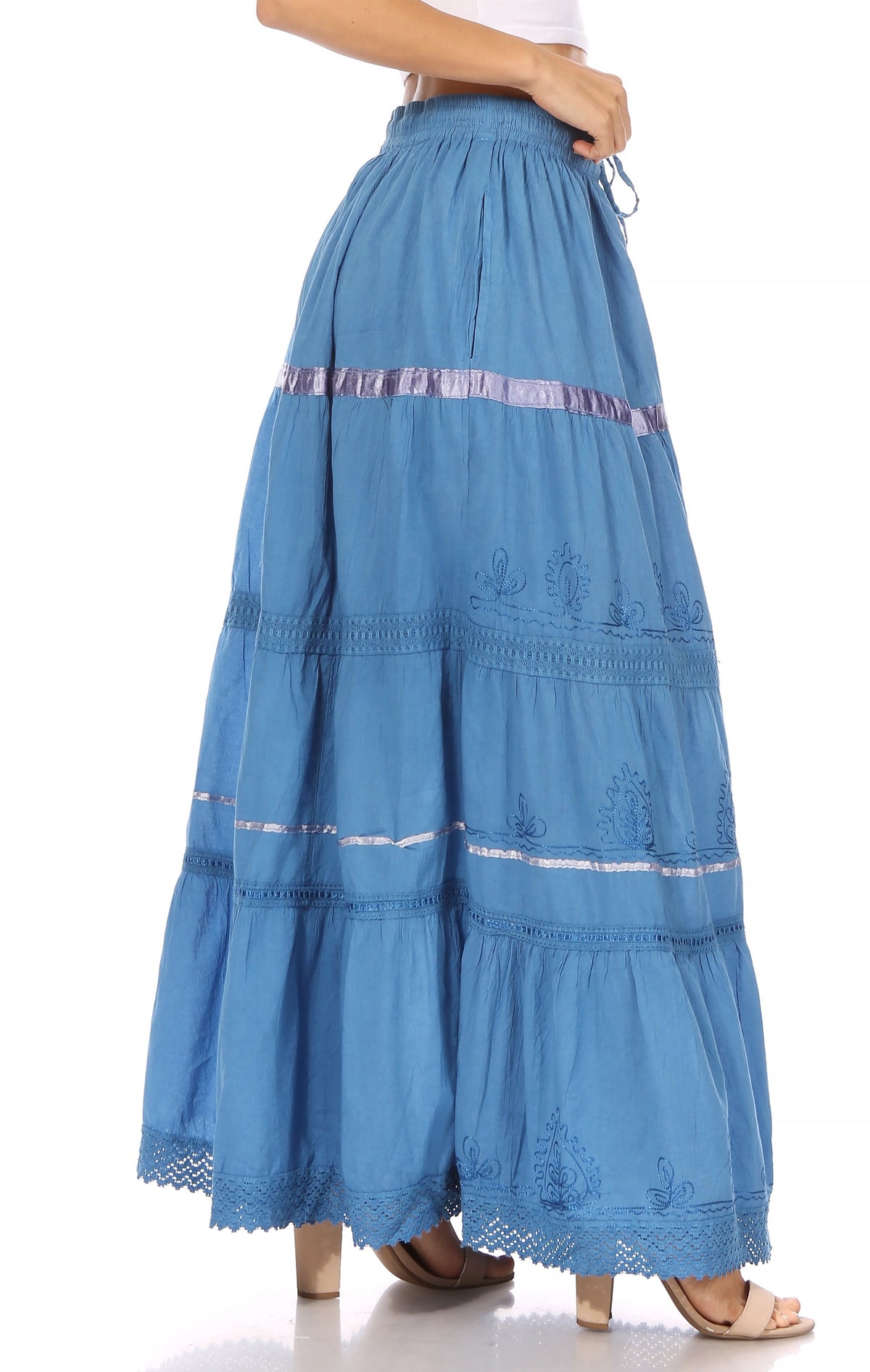 Blue tiered maxi cotton skirt with embroidered striping and tied drawstring waist