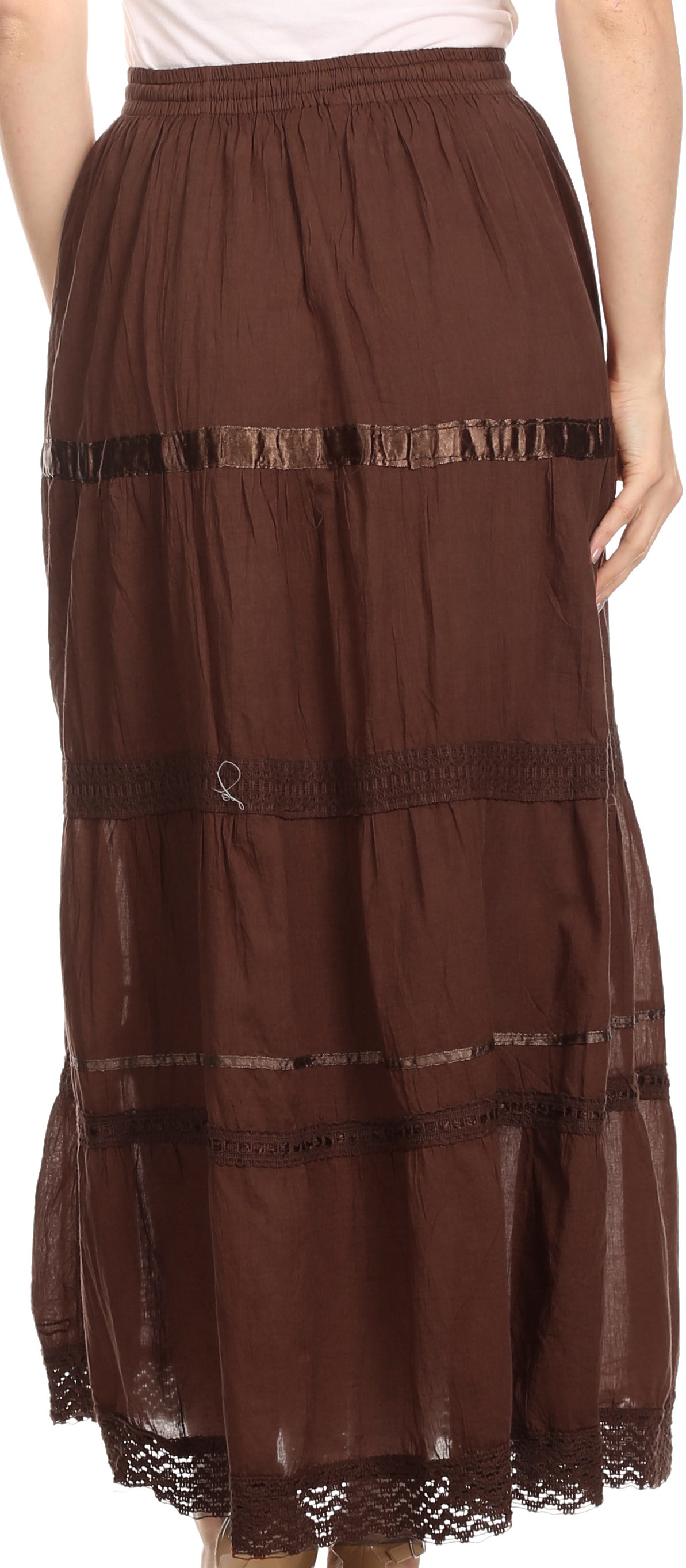 Dark brown tiered long cotton skirt with embroidered bands and elastic drawstring waist