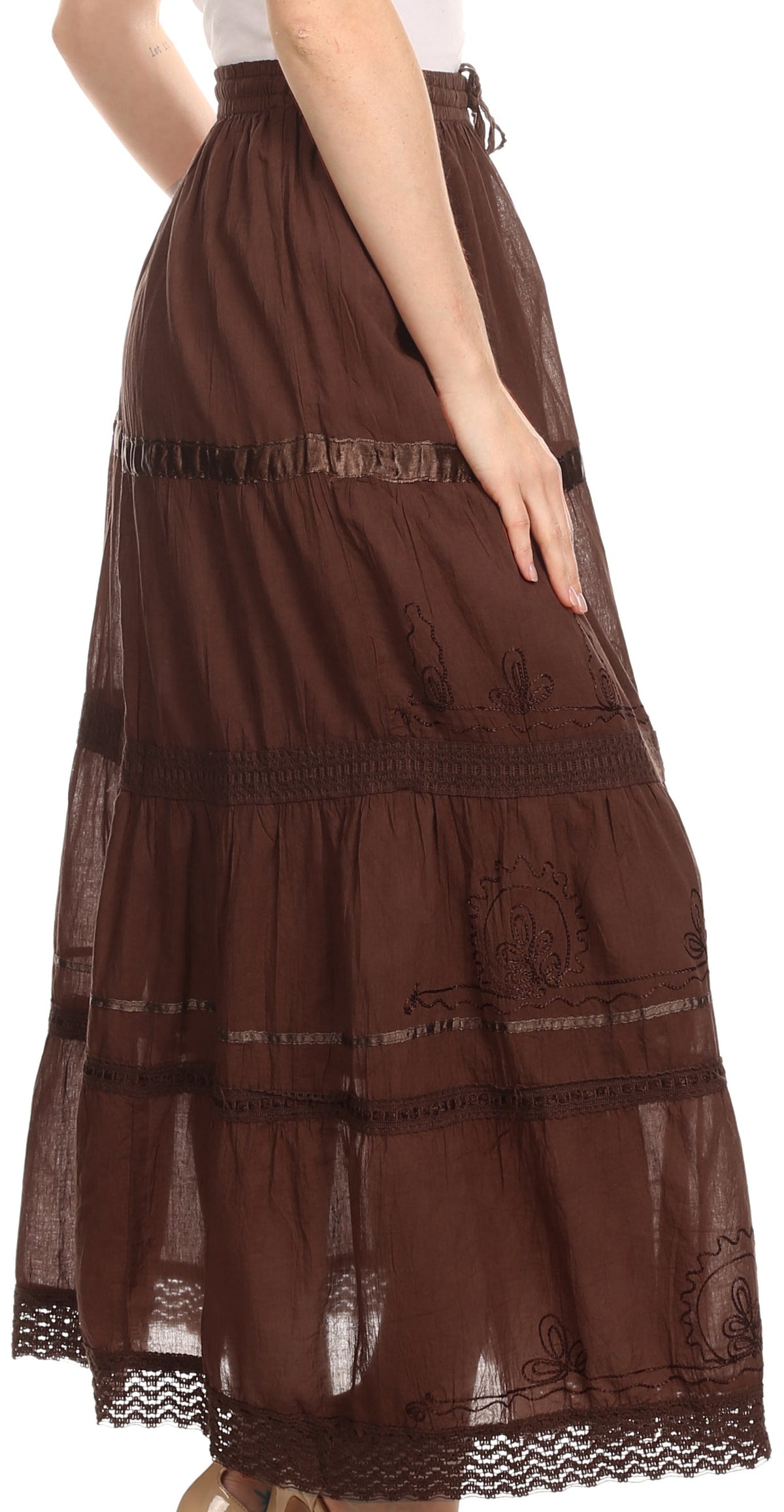 Dark brown embroidered maxi cotton skirt with tiered ruffles and drawstring waist