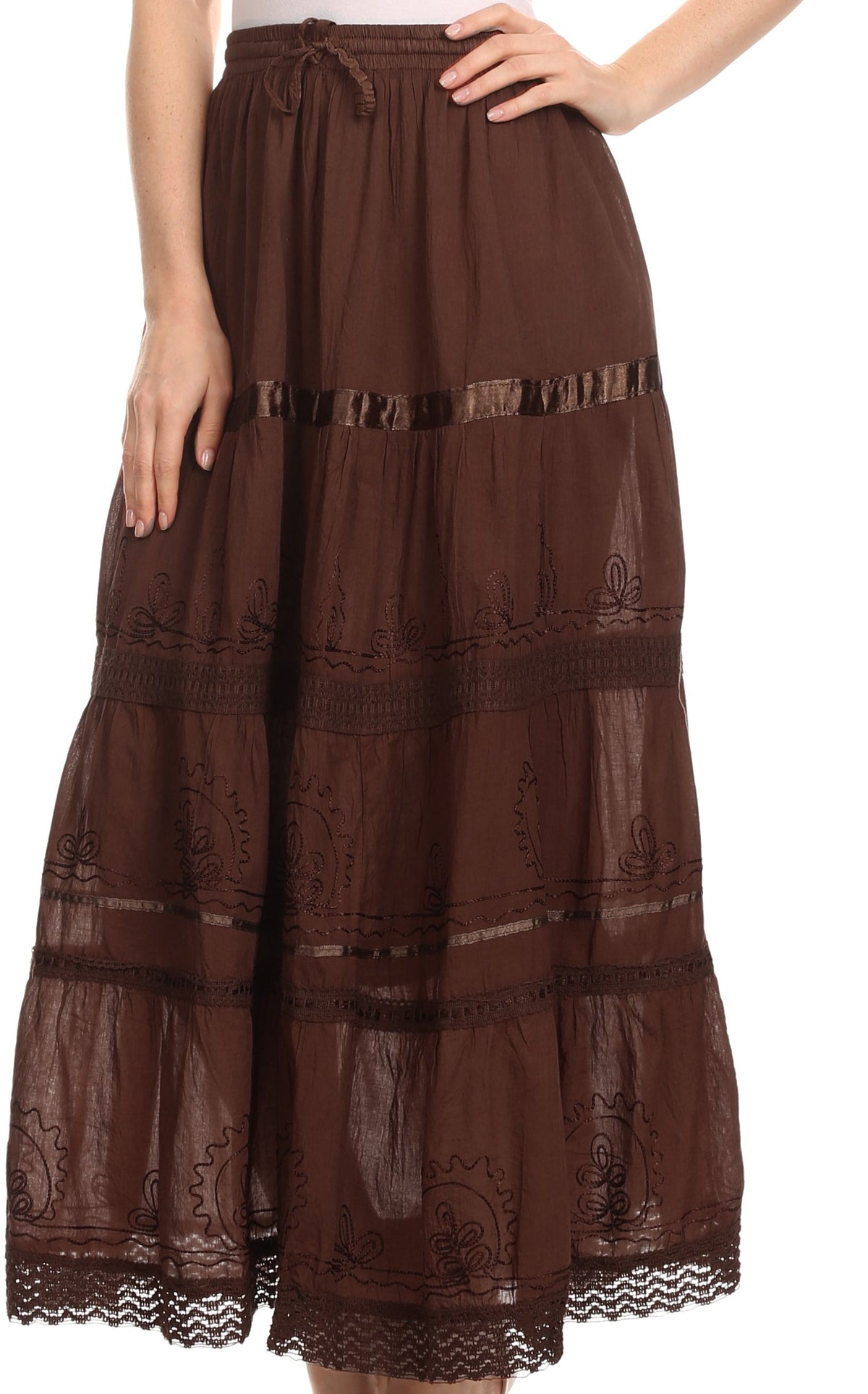 Dark brown tiered maxi cotton skirt with embroidered paneling and elastic drawstring waist