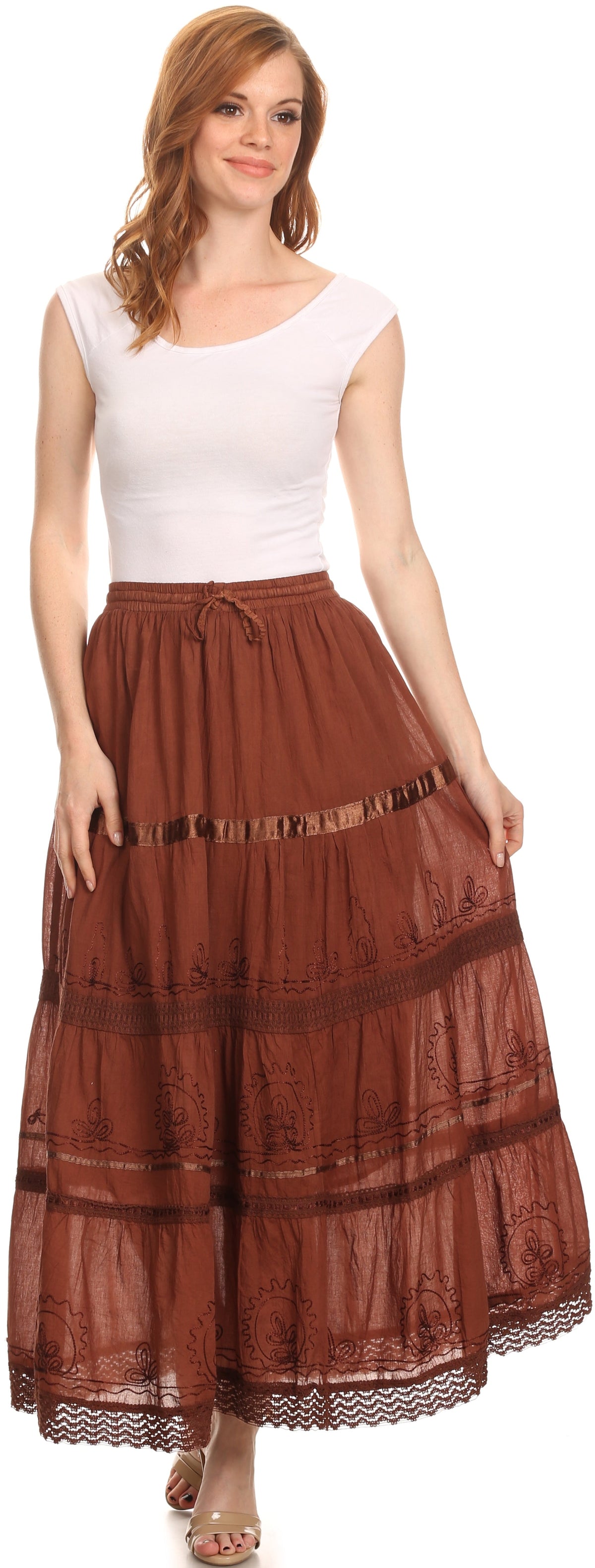 Rust-brown tiered maxi cotton skirt with embroidered panels and drawstring elastic waist