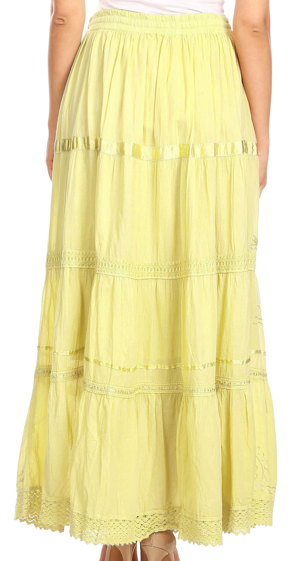 Light yellow maxi cotton skirt with tiered ruffles and embroidered stripe details