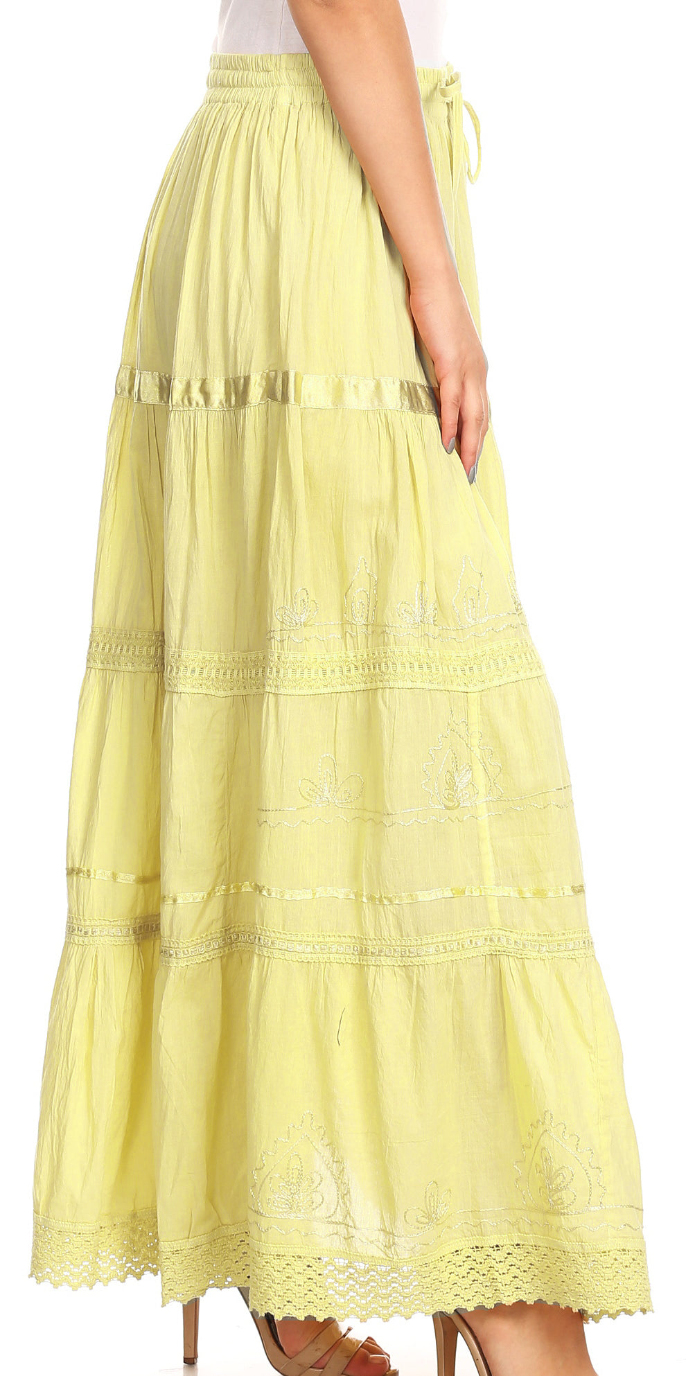 Bright yellow tiered maxi cotton skirt with smocked waistband and lace scallop hem