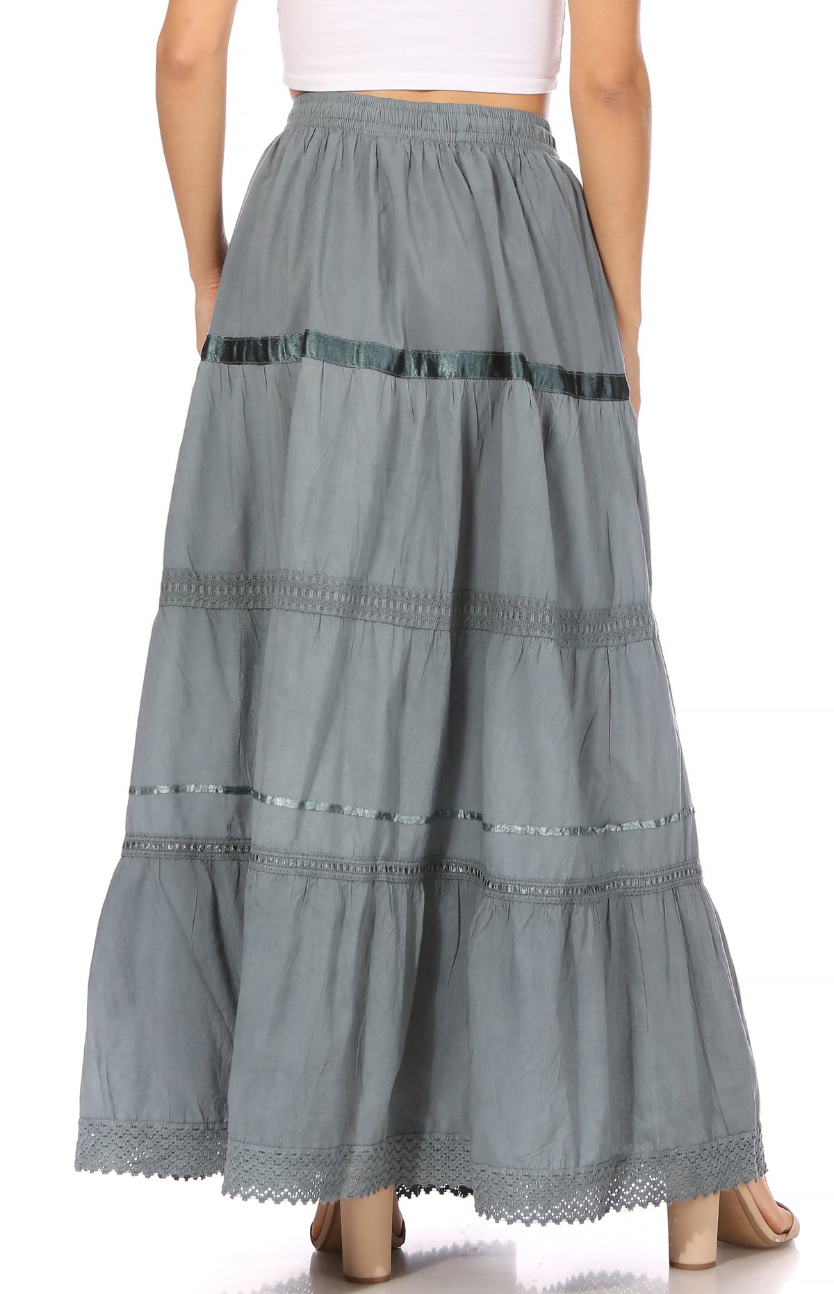 Grey long cotton tiered gypsy skirt with embroidered details and scalloped lace hem
