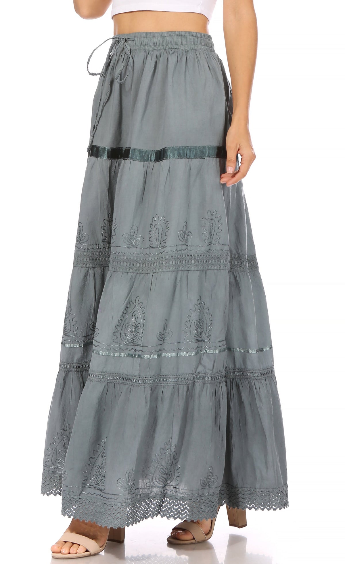 Grey long cotton gypsy skirt with tiered ruffles, embroidered motifs, and lace hem