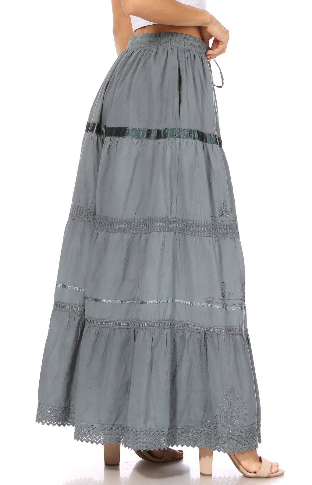 Grey long cotton tiered gypsy skirt with embroidered stripes and lace-trim bottom