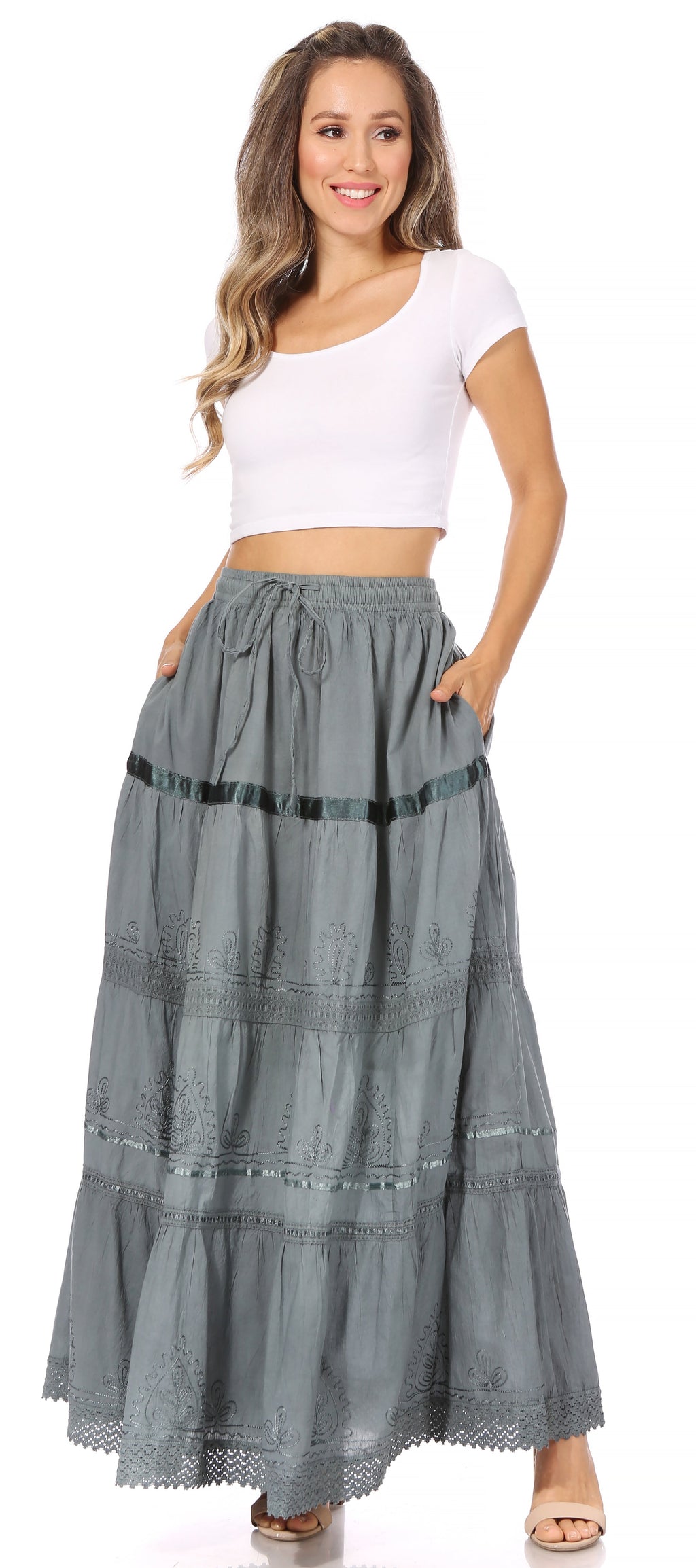 Grey long cotton tiered gypsy skirt with embroidered motifs and lace scallop hem