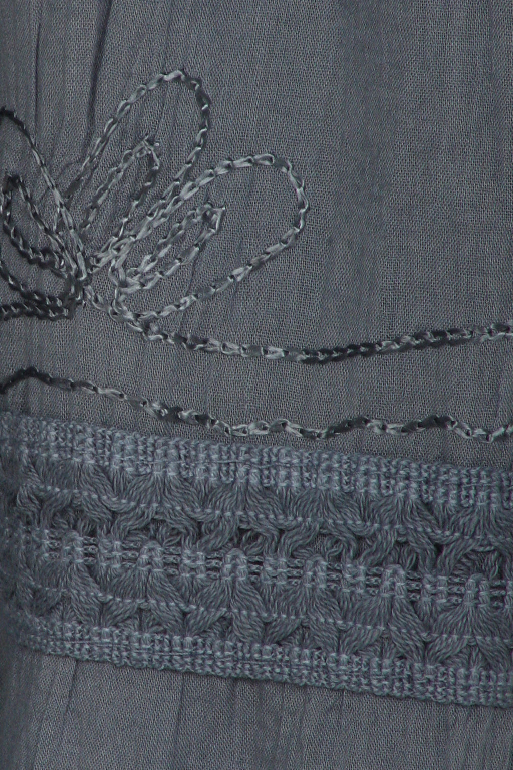 Grey cotton maxi skirt with scalloped embroidered trim and smocked waistband