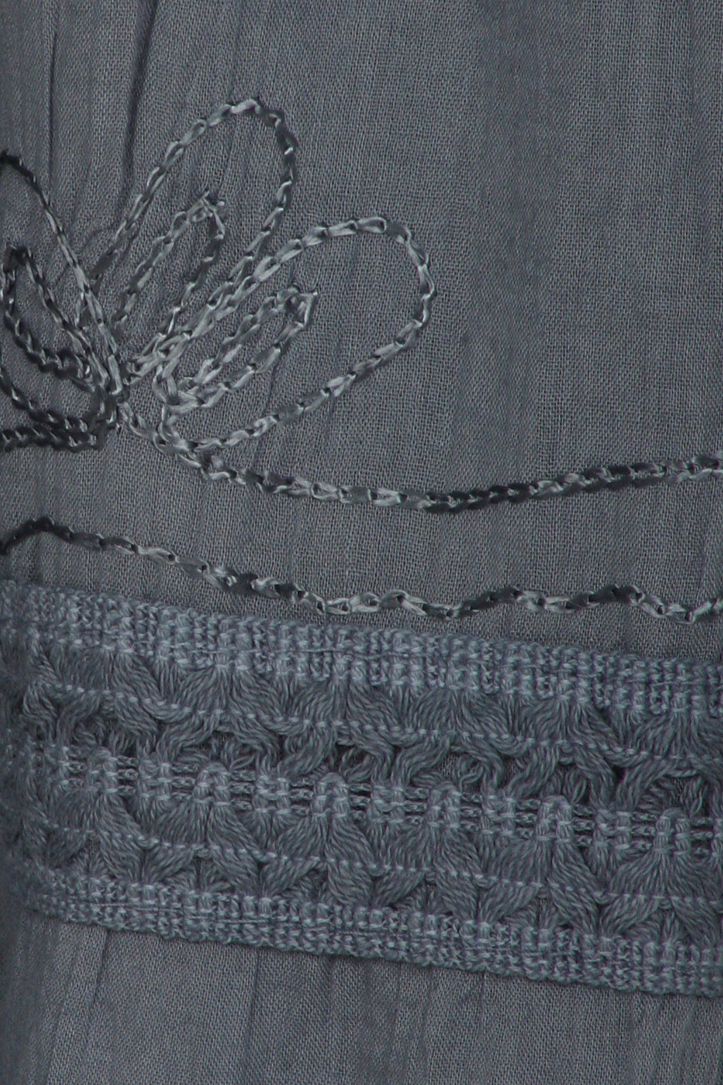 Grey cotton maxi skirt with scalloped embroidered trim and smocked waistband