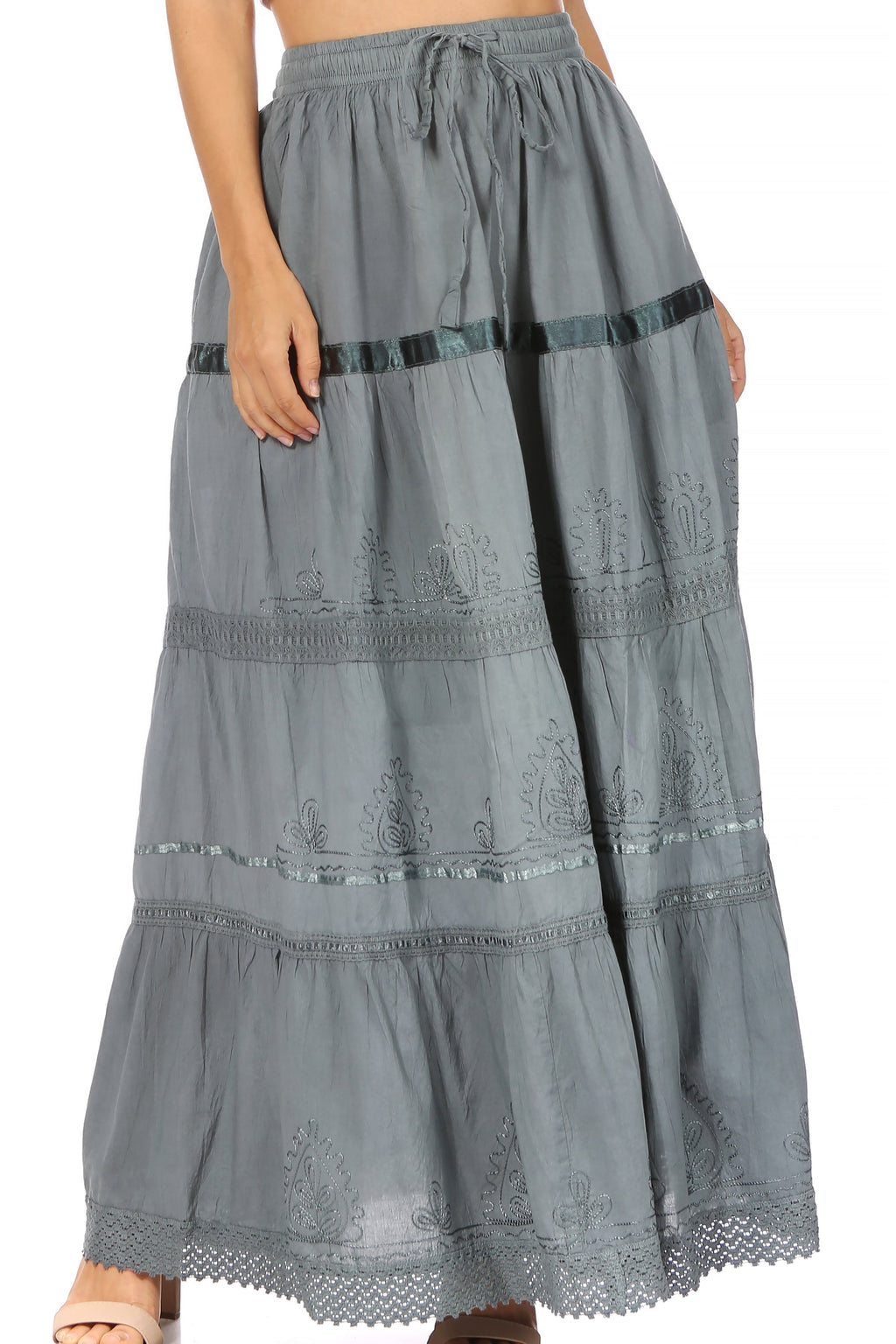 Grey long cotton tiered gypsy skirt with embroidered panels and lace-trim hem