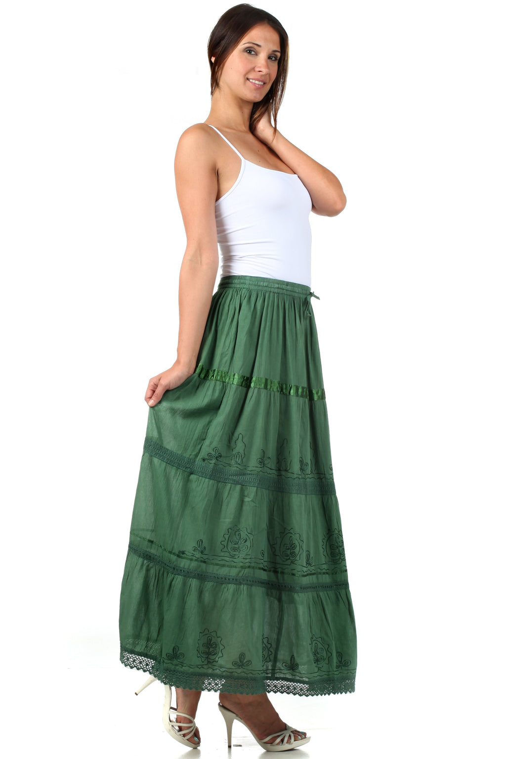 Green embroidered gypsy maxi skirt with elastic waistband and lace-trimmed hem