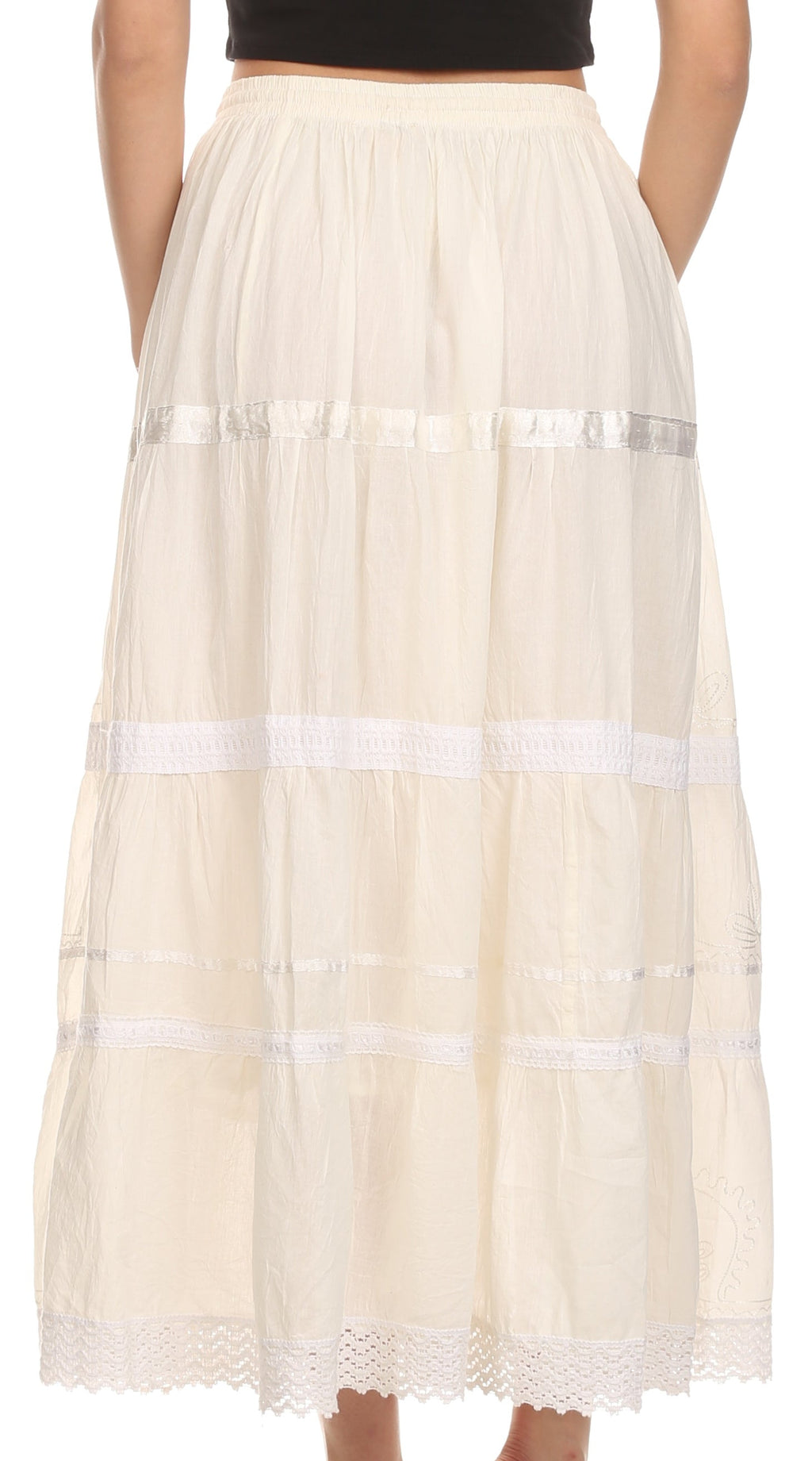 Ivory tiered cotton skirt with lace-trim hem and horizontal decorative bands