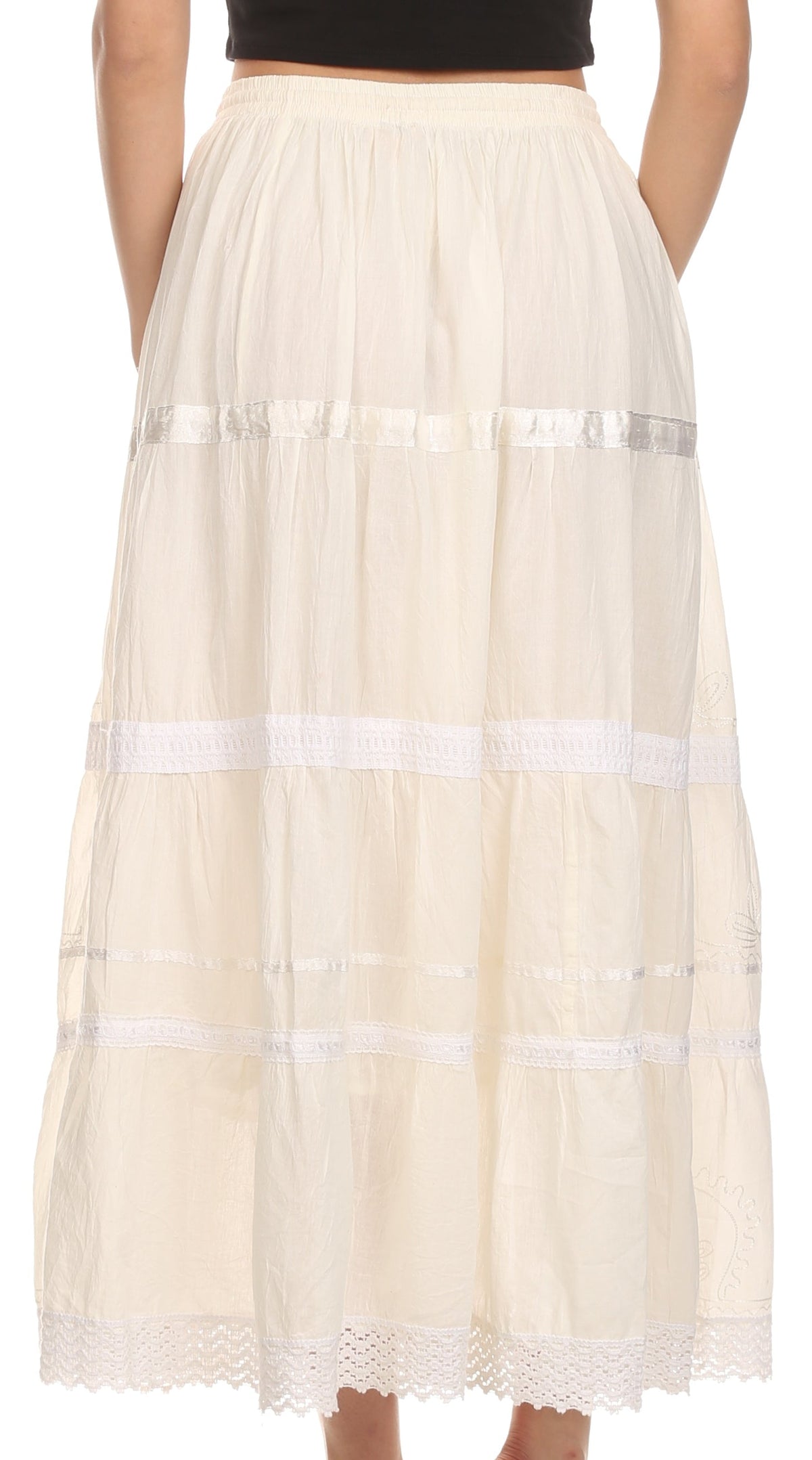 Ivory tiered cotton skirt with lace-trim hem and horizontal decorative bands