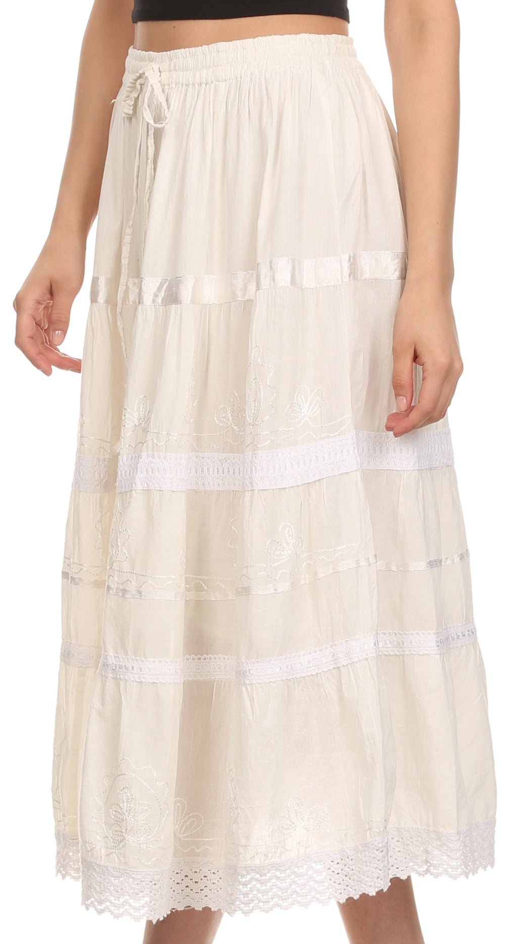 Ivory tiered maxi cotton skirt with embroidered bands and lace-trim hem
