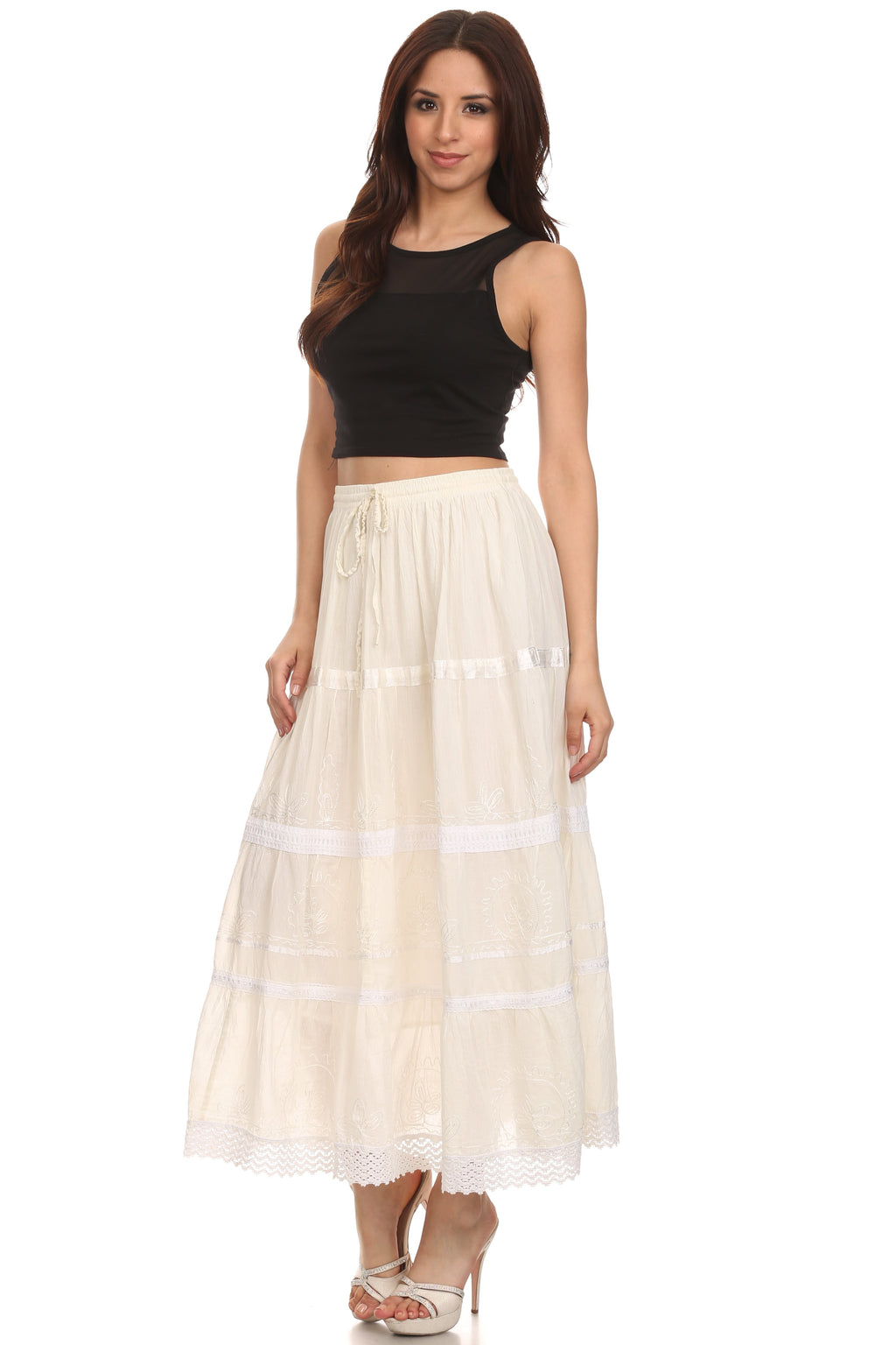 White tiered maxi cotton skirt with embroidered stripes and lace-trim hem