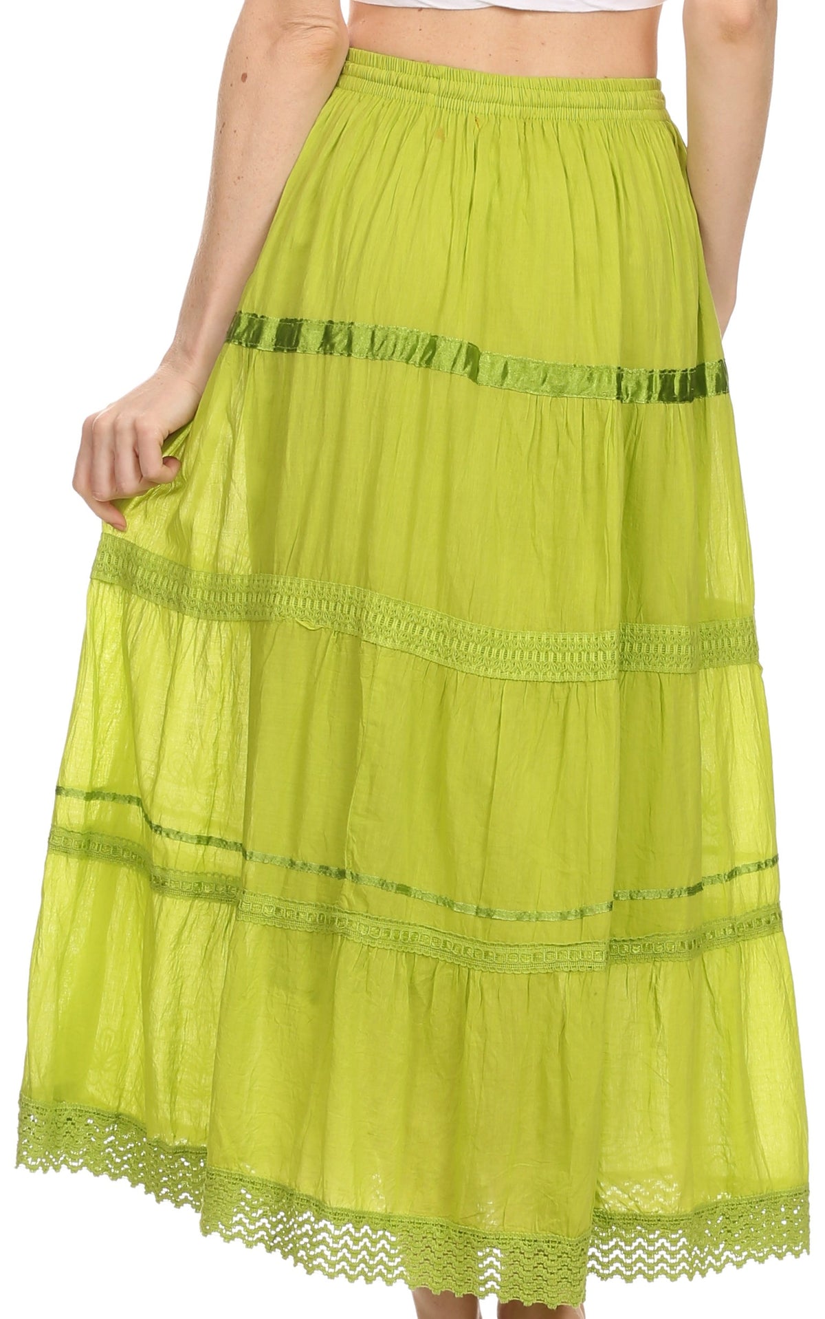 Bright lime green tiered maxi cotton skirt with embroidered bands and lace-trim hem