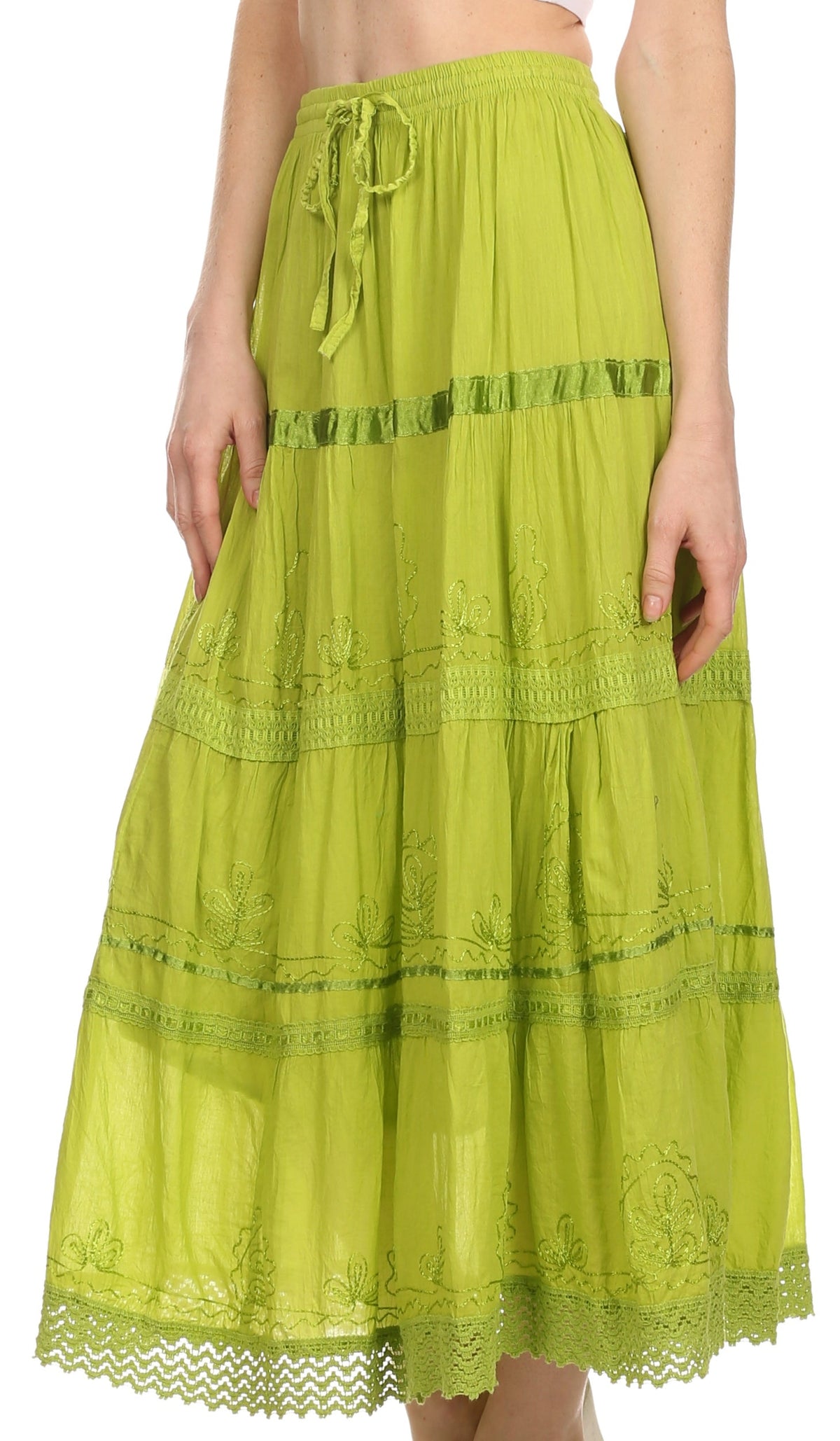 Lime green tiered maxi cotton skirt with embroidered details and lace-trim hem