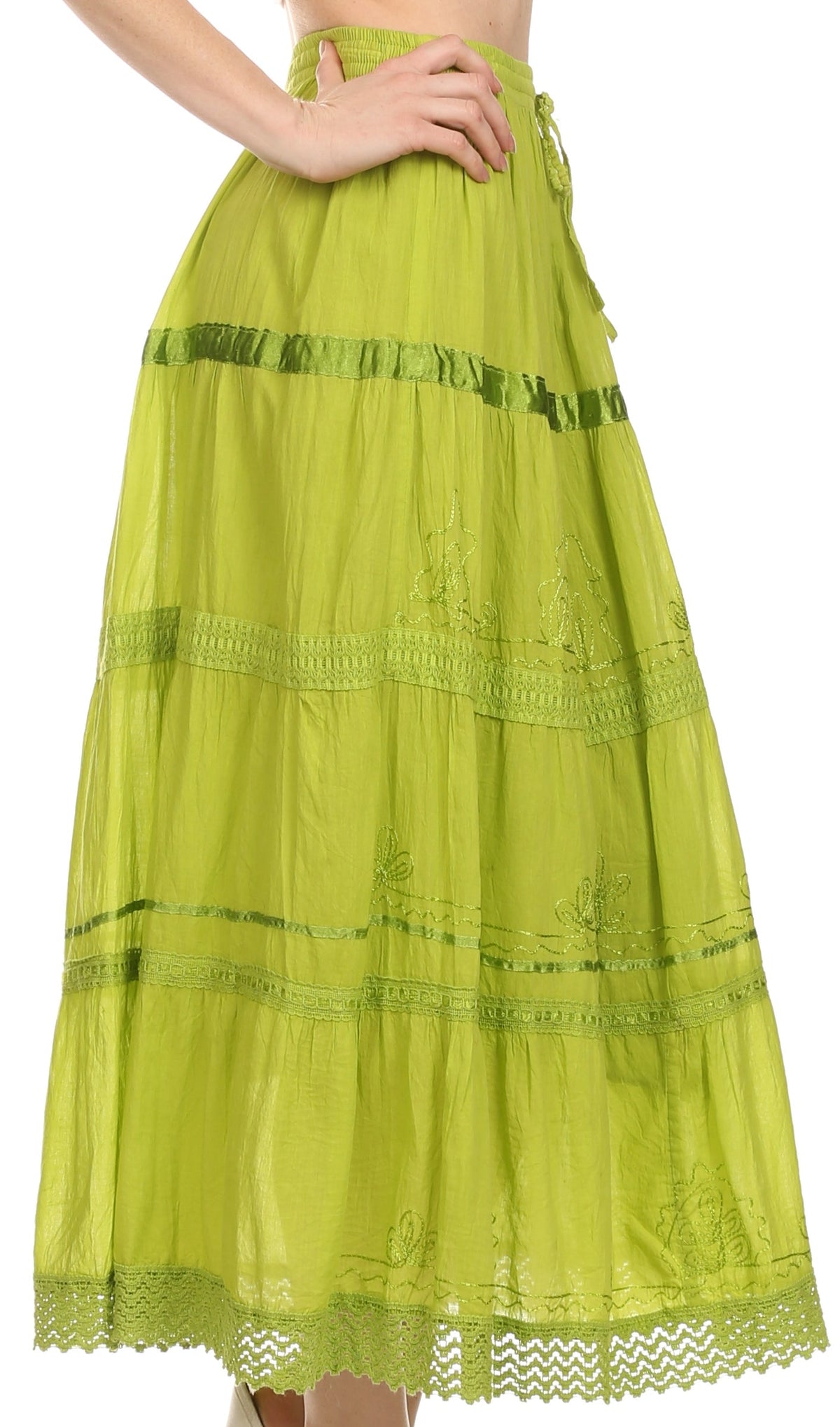 Lime green embroidered tiered maxi cotton skirt with drawstring waist and lace hem