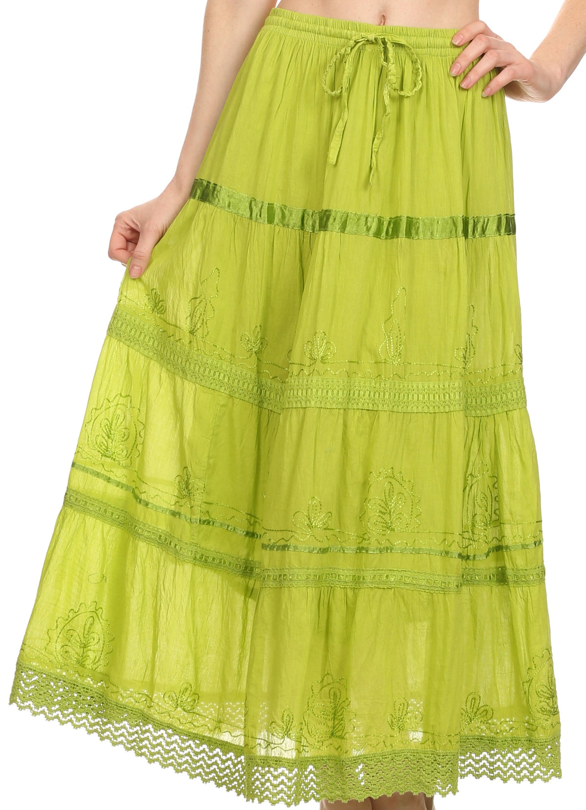 Lime green tiered maxi cotton skirt with embroidered bands and lace-trim hem