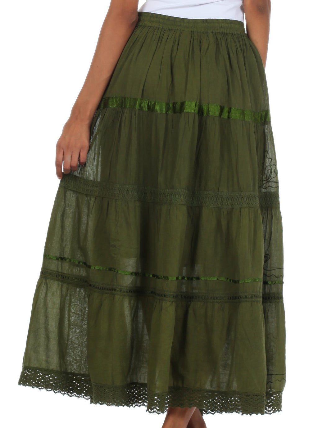 Olive green tiered maxi cotton skirt with embroidered bands and lace-trim hem