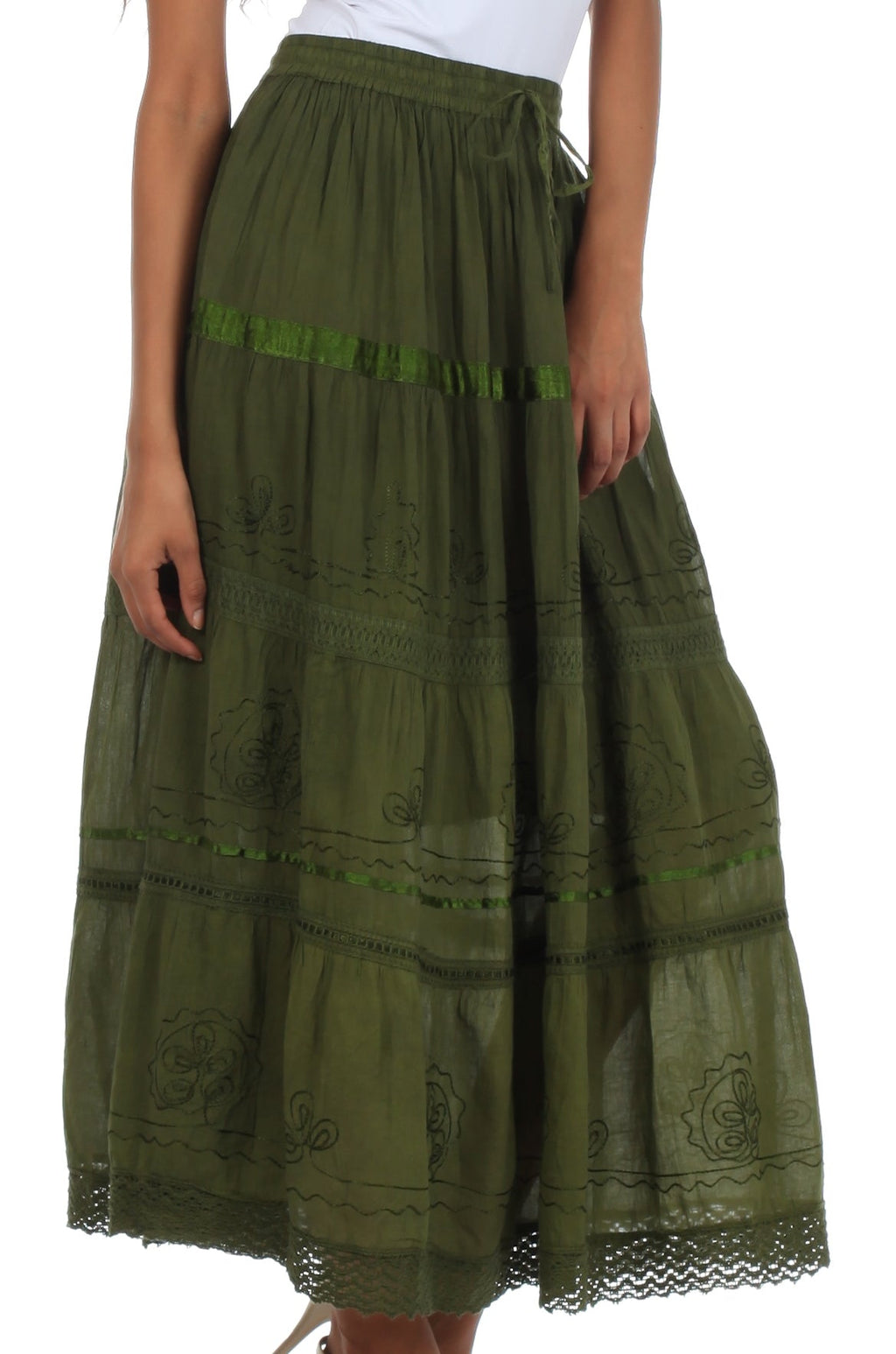 Olive green tiered maxi cotton skirt with embroidered details and lace-trim hem