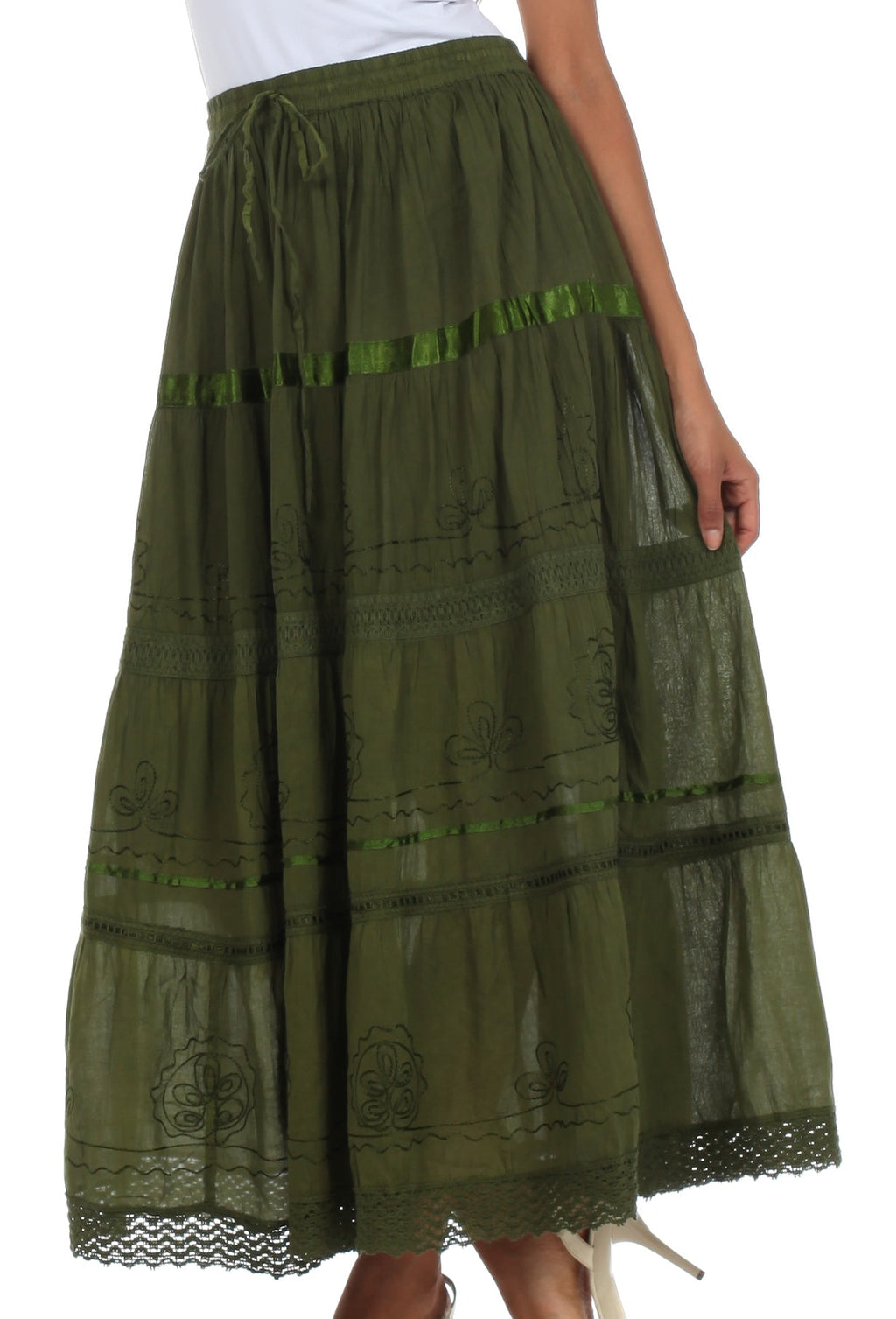 Long cotton maxi skirt in olive green with tiered ruffles and embroidered hem lace