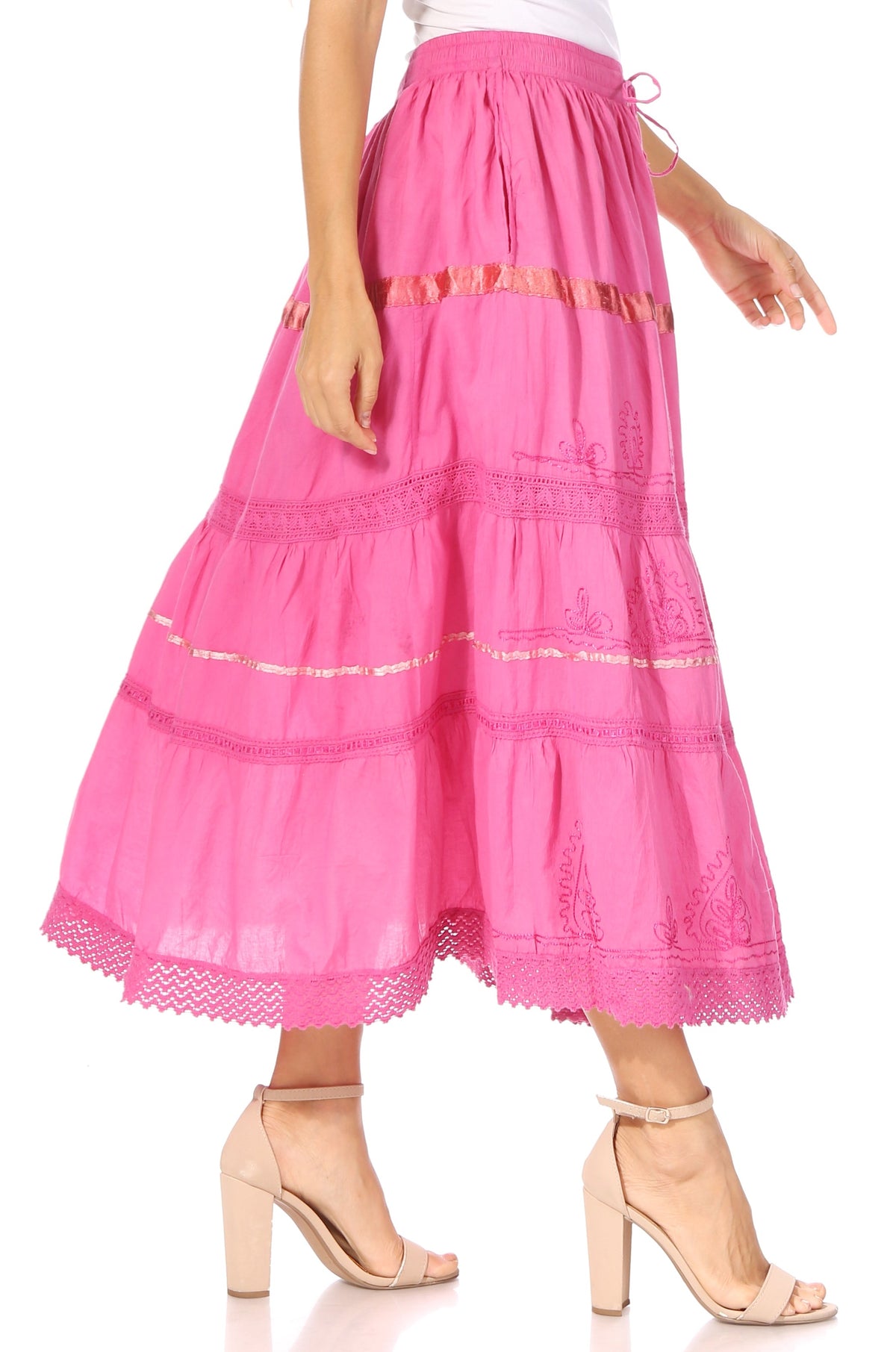 Pink tiered cotton maxi skirt with gold trim bands and lace scalloped hem
