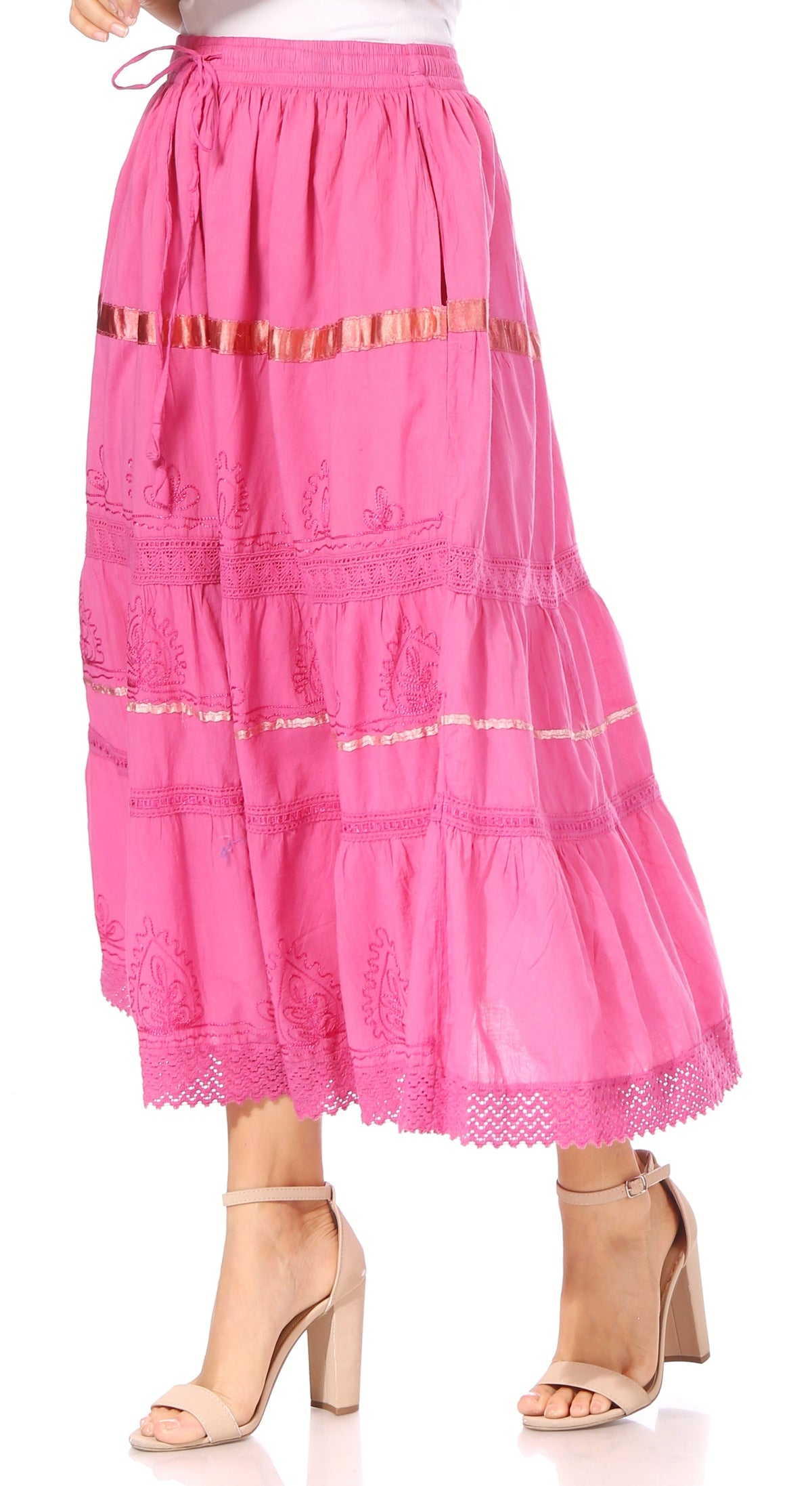Pink tiered maxi skirt with gold trim bands and lace hem; elastic waist detail