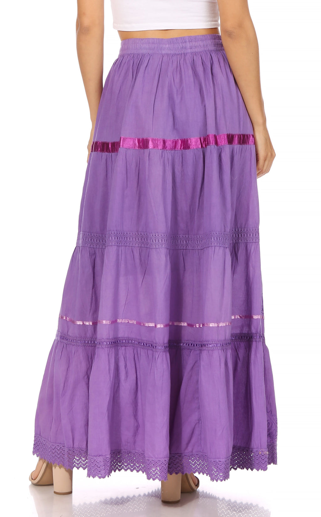 Lavender purple cotton maxi skirt with tiered embroidery bands and scalloped lace hem