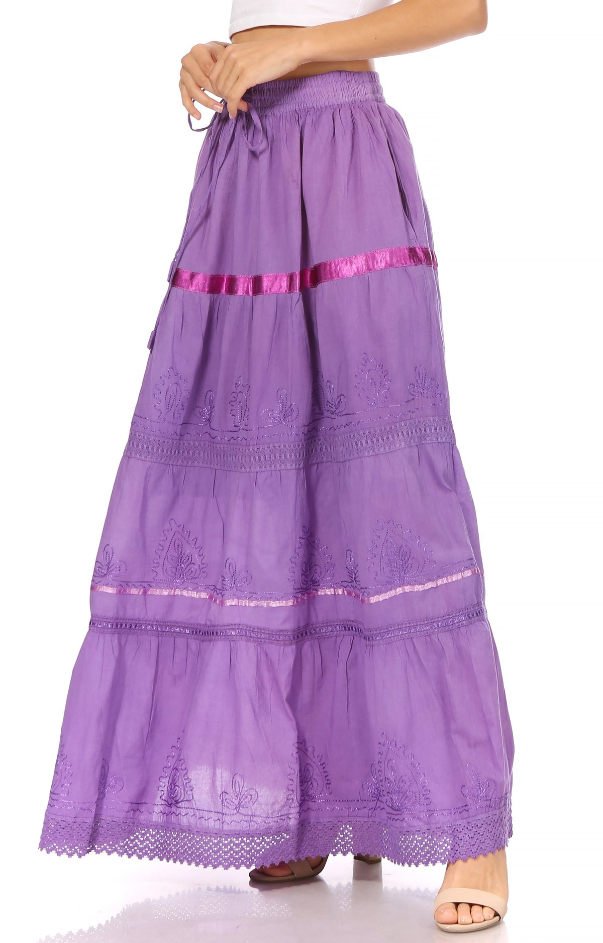 Lavender purple tiered cotton maxi skirt with pink stripe accents and lace-trim hem