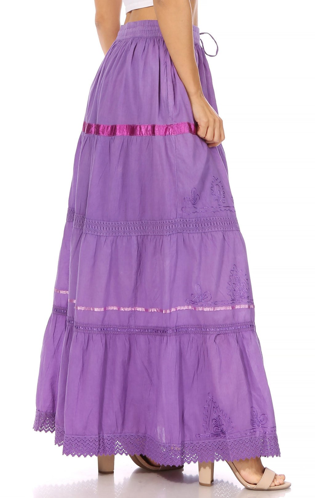 Lavender purple long cotton skirt with gathered tiers, pink stripe detail, and lace edge
