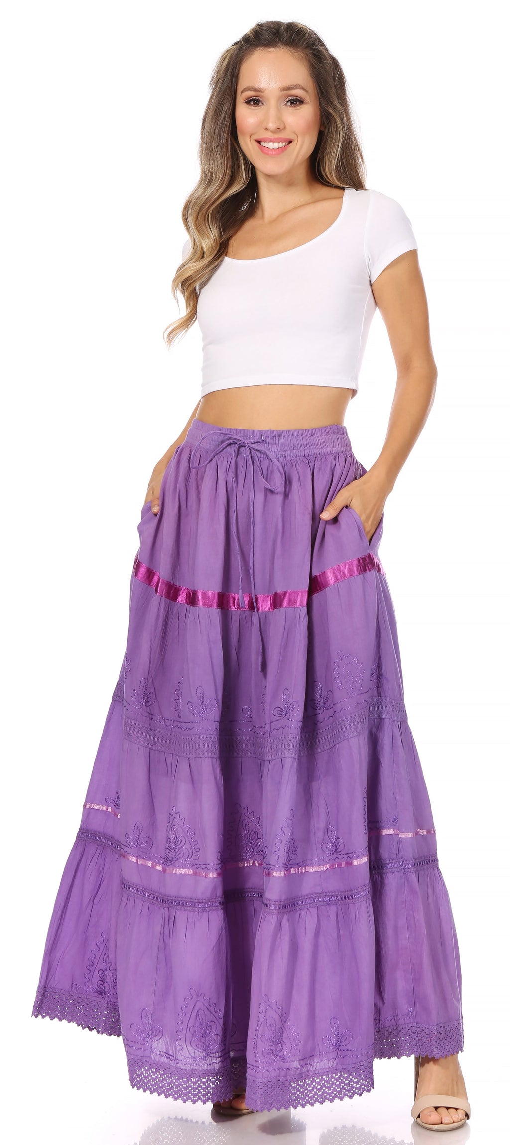 Lavender purple tiered cotton maxi skirt with elastic waist and embroidered lace trim