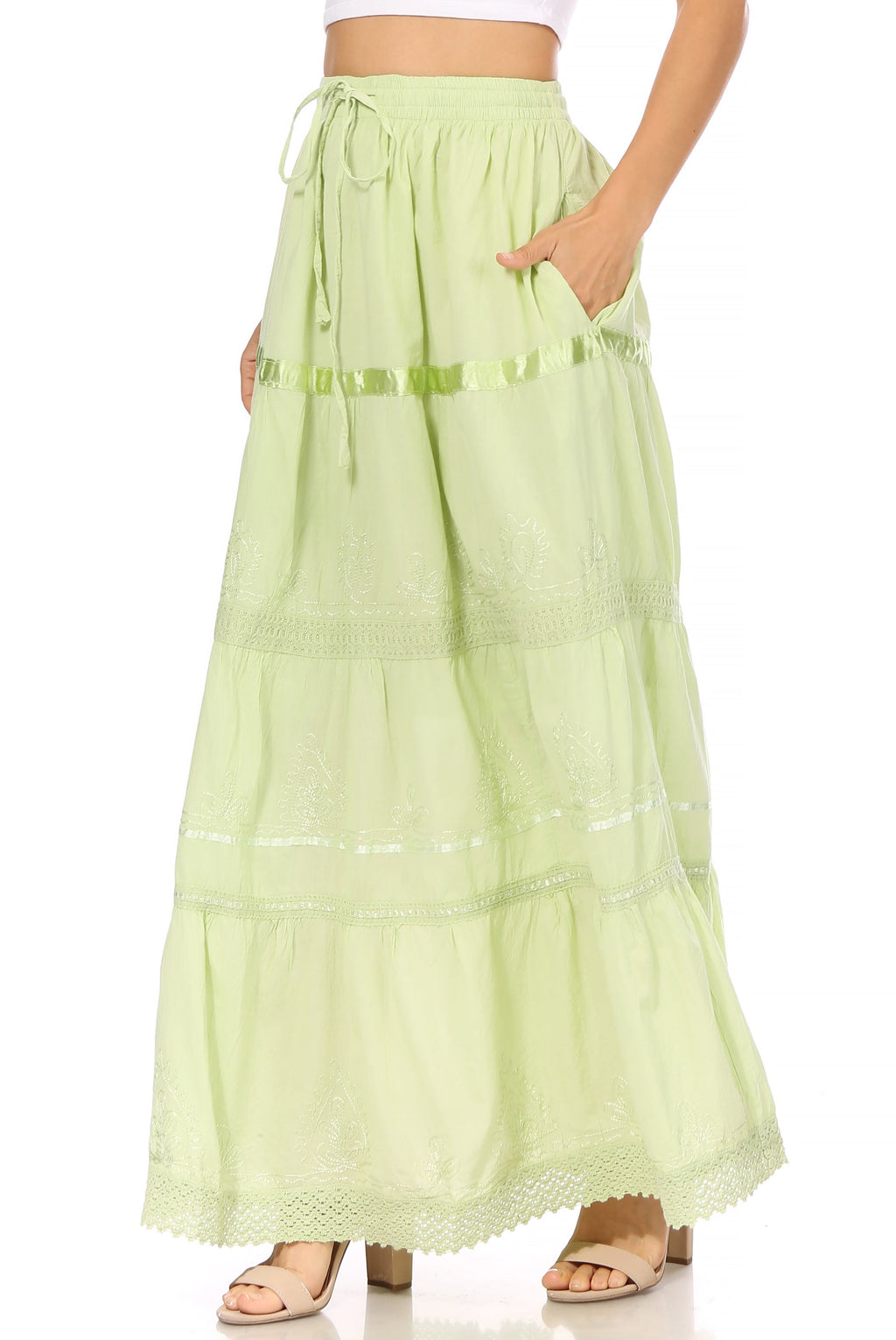 Lime green tiered maxi cotton skirt with elastic waistband and embroidered trim