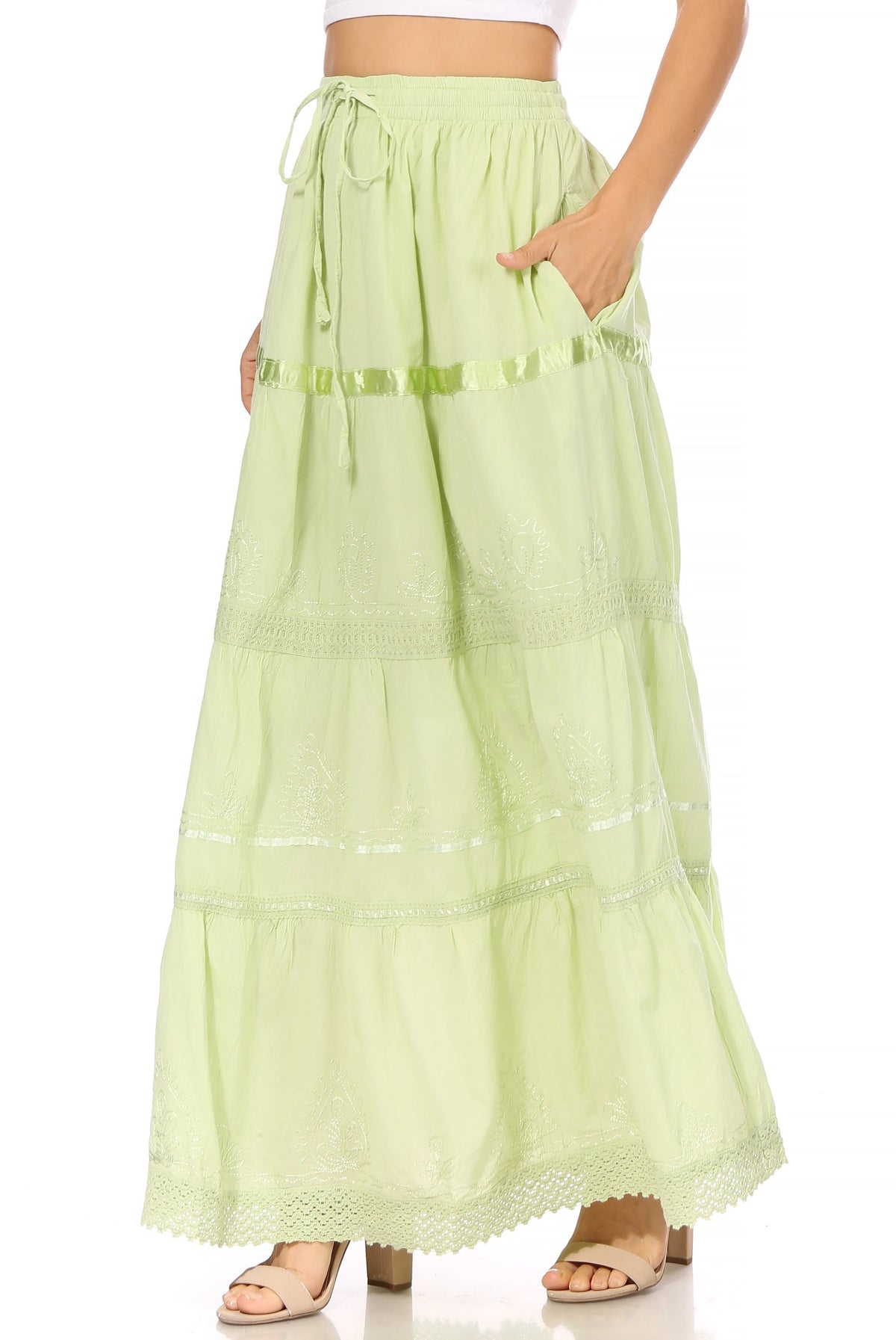 Lime green tiered maxi cotton skirt with elastic waistband and embroidered trim