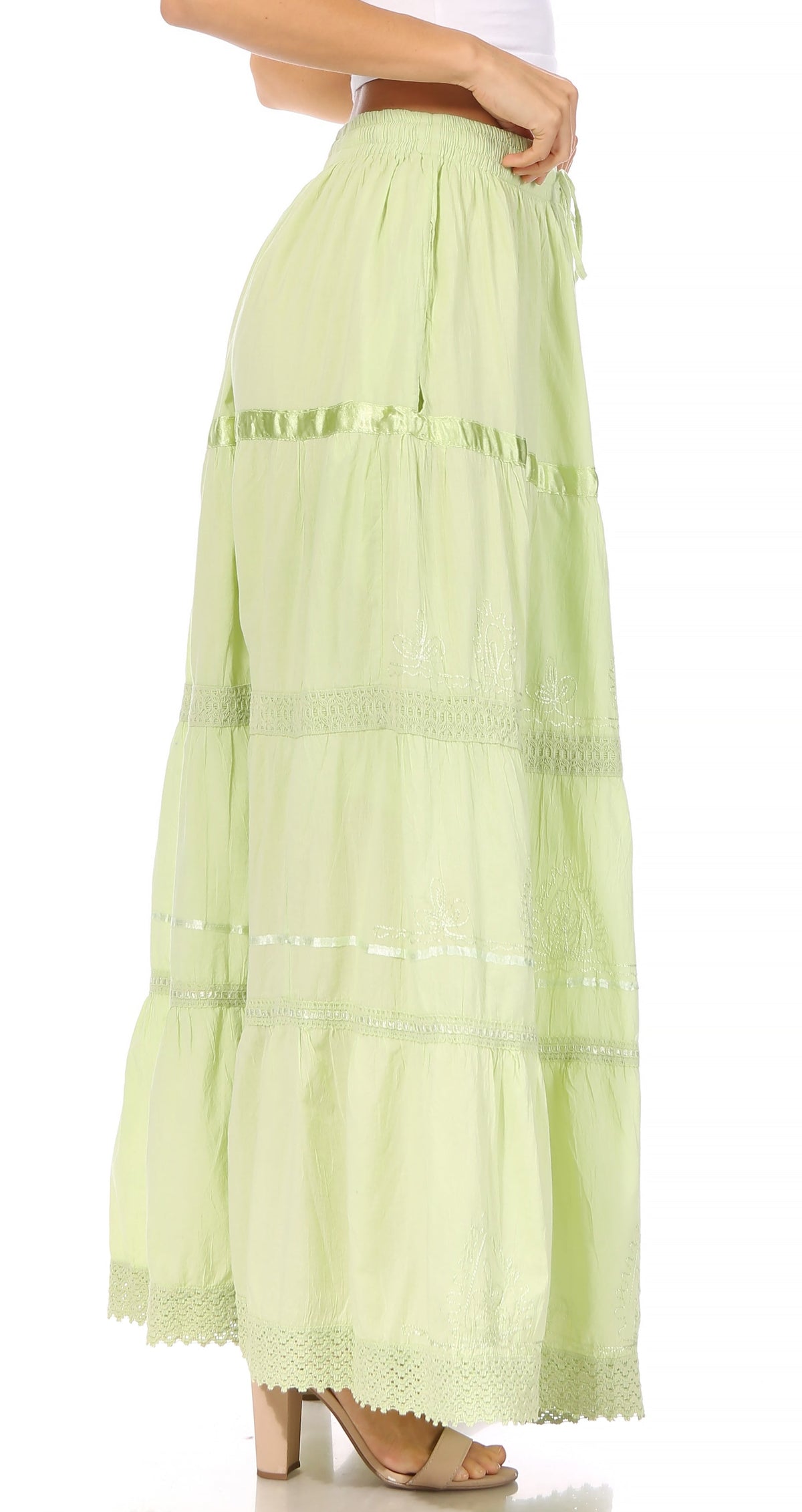 Lime green tiered maxi skirt with drawstring elastic waist and lace-edged tiers