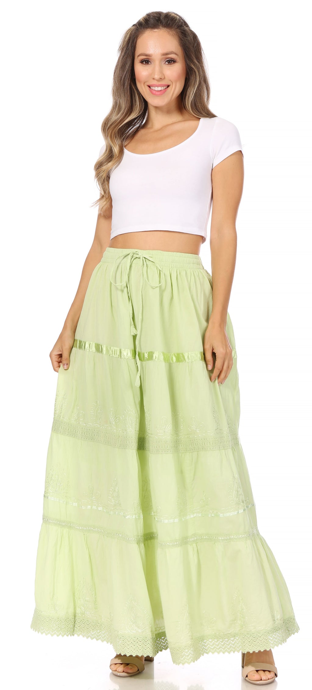 Lime green gypsy maxi skirt with tiered panels, elastic waist, and scalloped hem