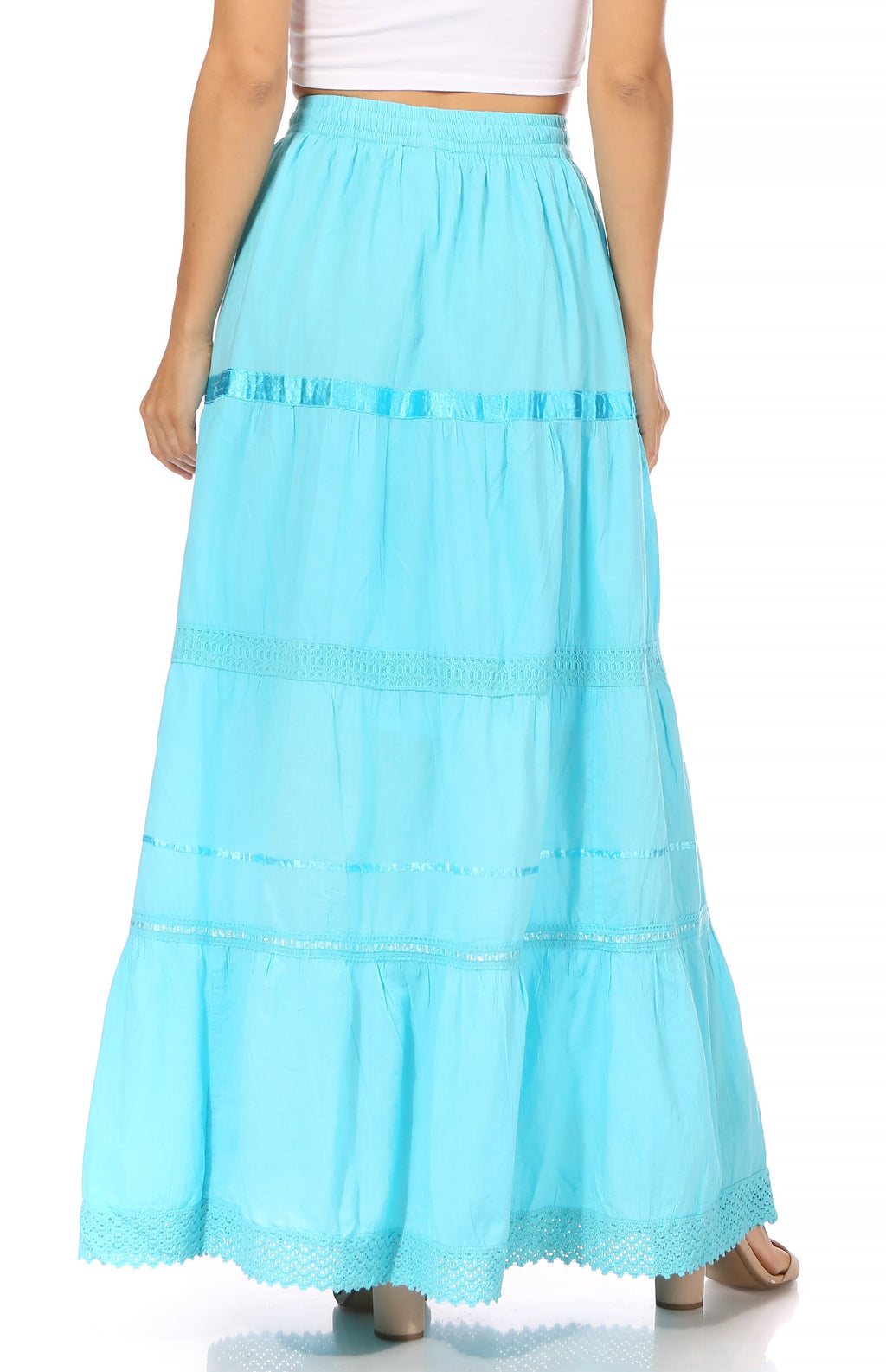 Turquoise tiered maxi skirt with gathered elastic waistband and lace trim at hem