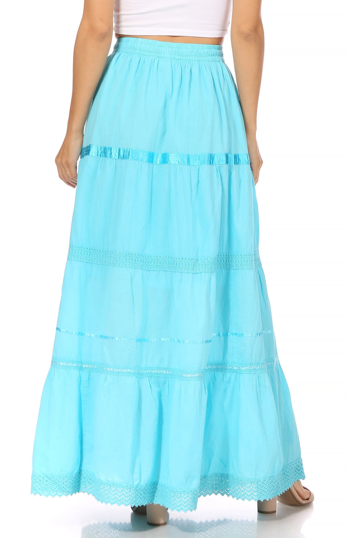 Turquoise tiered maxi skirt with gathered elastic waistband and lace trim at hem