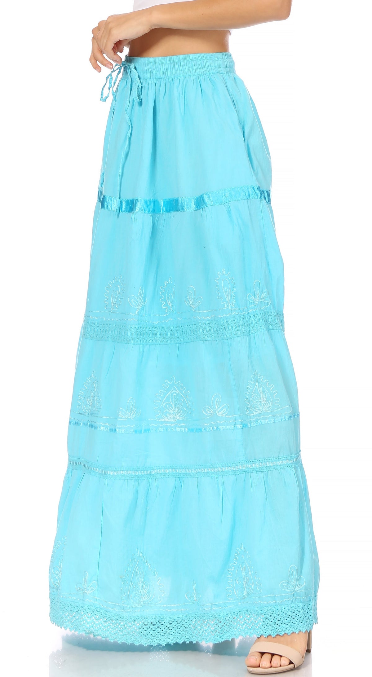 Turquoise tiered long skirt with drawstring waist and embroidered eyelet bands