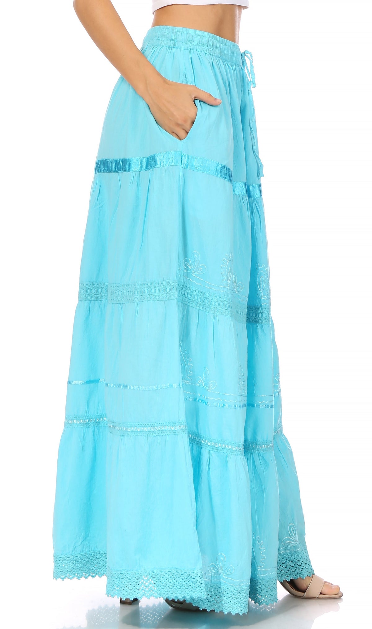 Turquoise maxi skirt in tiered layers with elastic waistband and lace scalloped hem