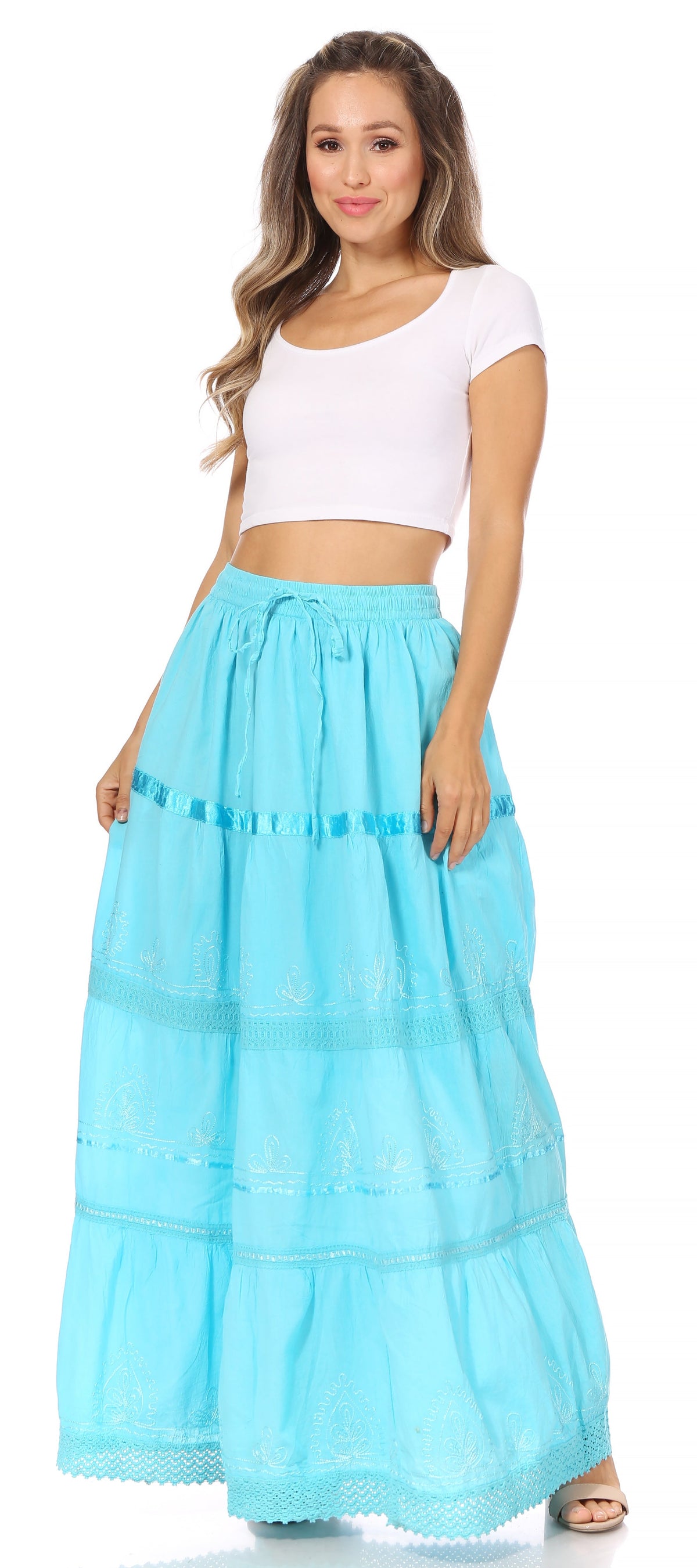 Turquoise gypsy maxi skirt with tiered ruffles, elastic waist, and lace hem