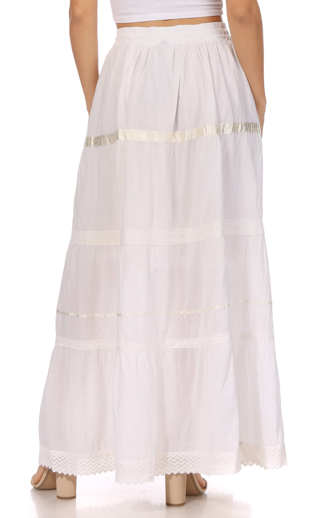 Ivory white tiered maxi skirt with elastic waist, tiered panels, and lace hem