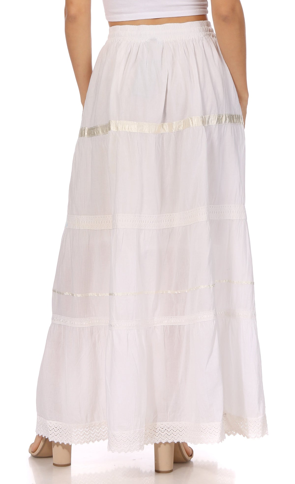 Ivory white tiered maxi skirt with elastic waist, tiered panels, and lace hem