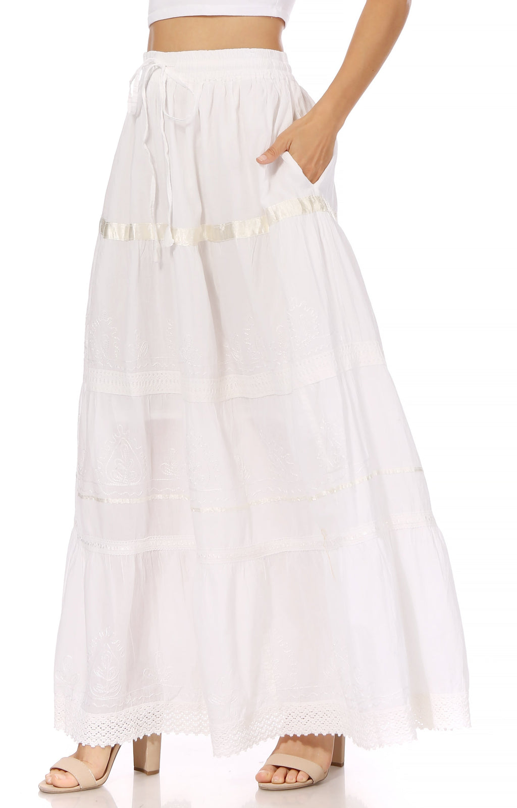 White maxi cotton skirt with tiered ruffles and embroidered trim
