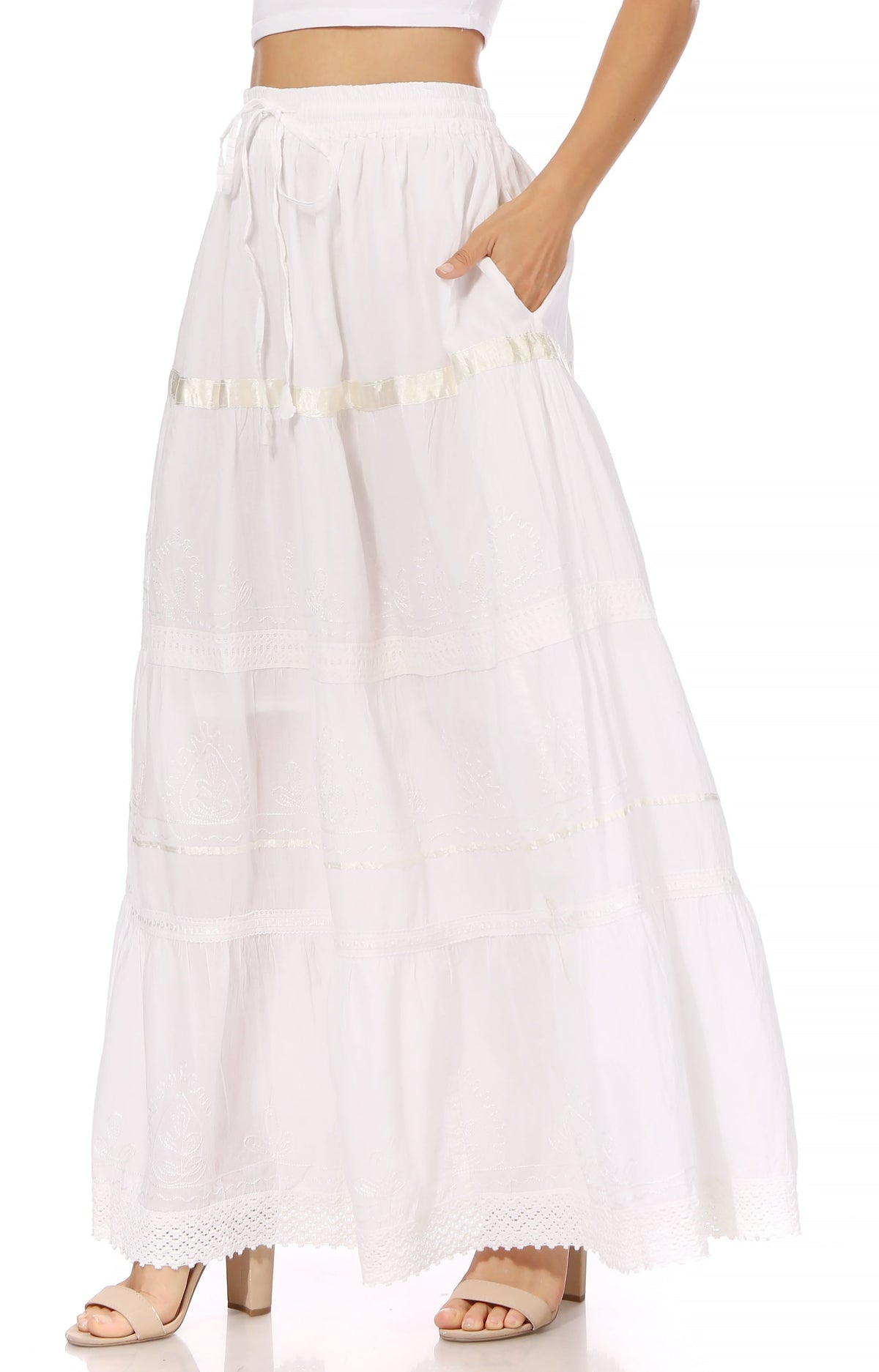 White maxi cotton skirt with tiered ruffles and embroidered trim