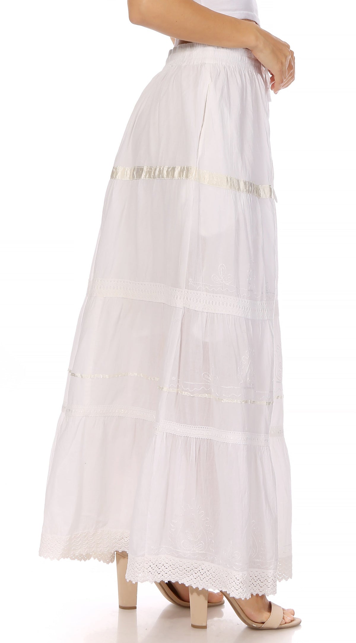 Off-white tiered maxi cotton skirt with drawstring waist and lace trim