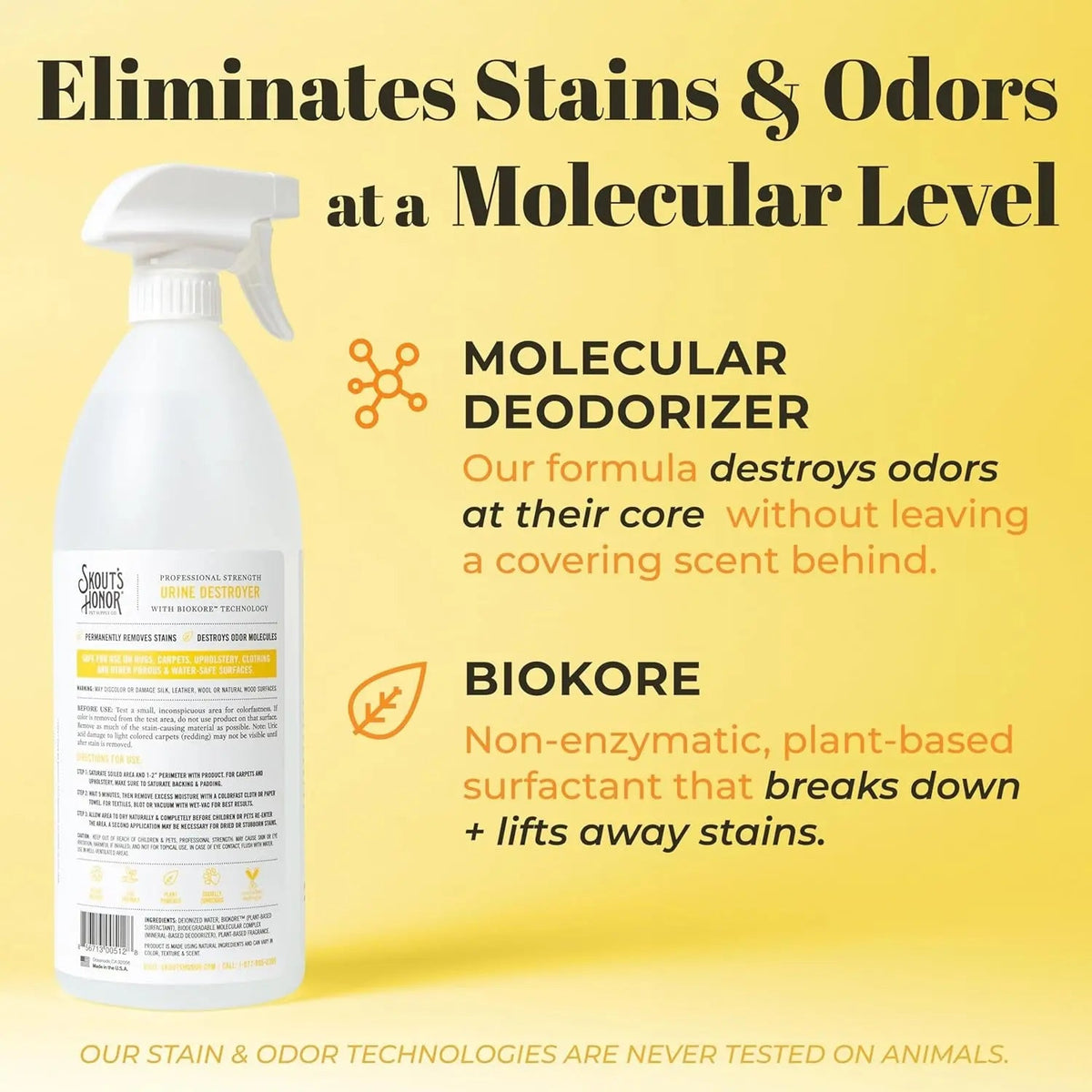 Skout's Honor urine & odor destroyer spray bottle with molecular deodorizer label