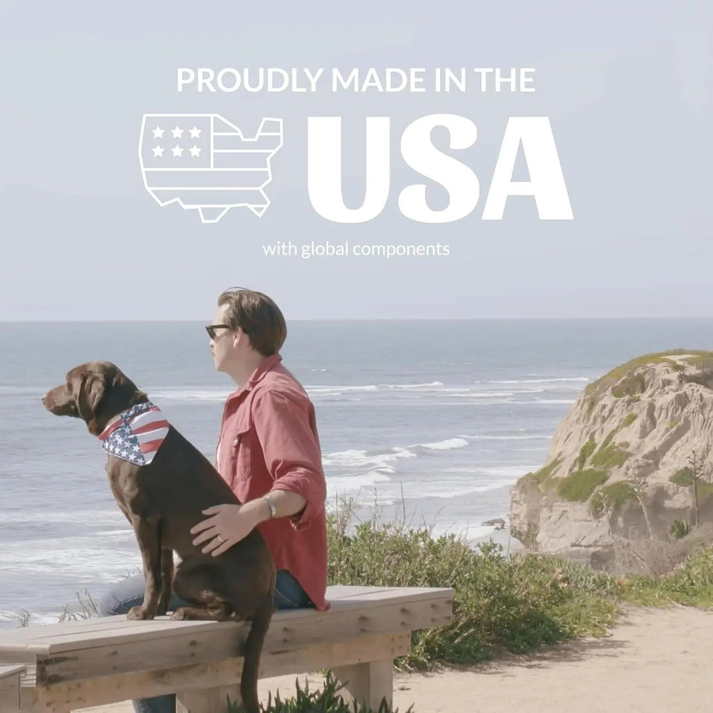 Skout's Honor product made in the USA graphic with dog on outdoor bench