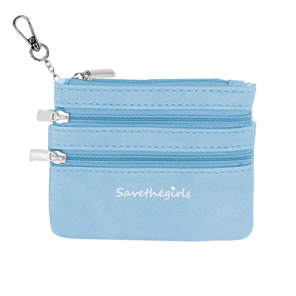 Light blue zippered pouch with three zipper compartments and metal keychain ring