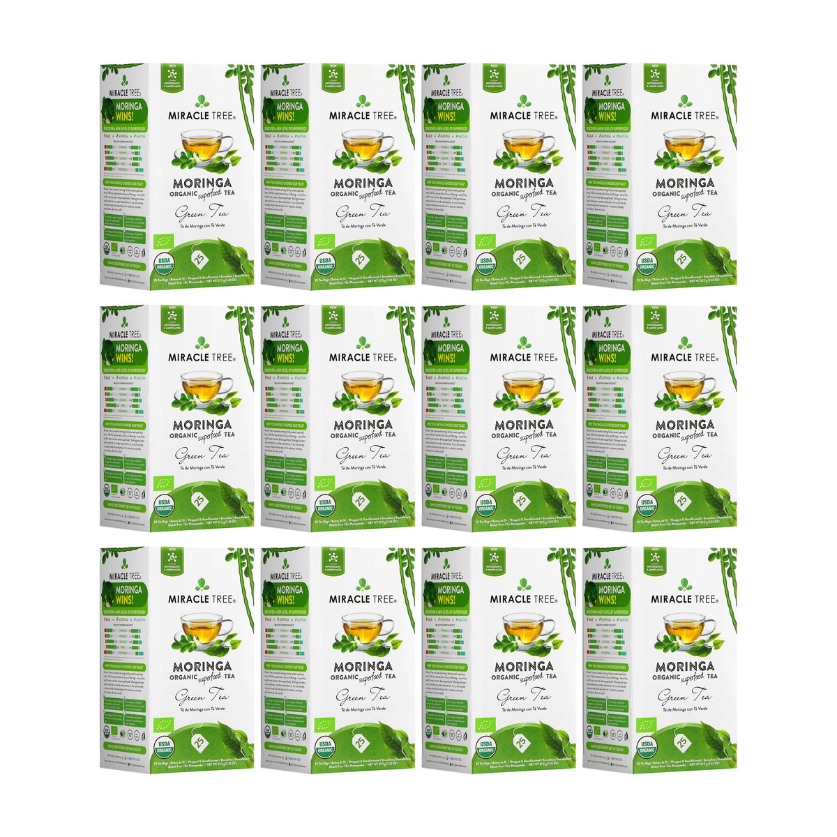 Moringa decaf green herbal tea boxes bundle with leaf artwork, multiple packs